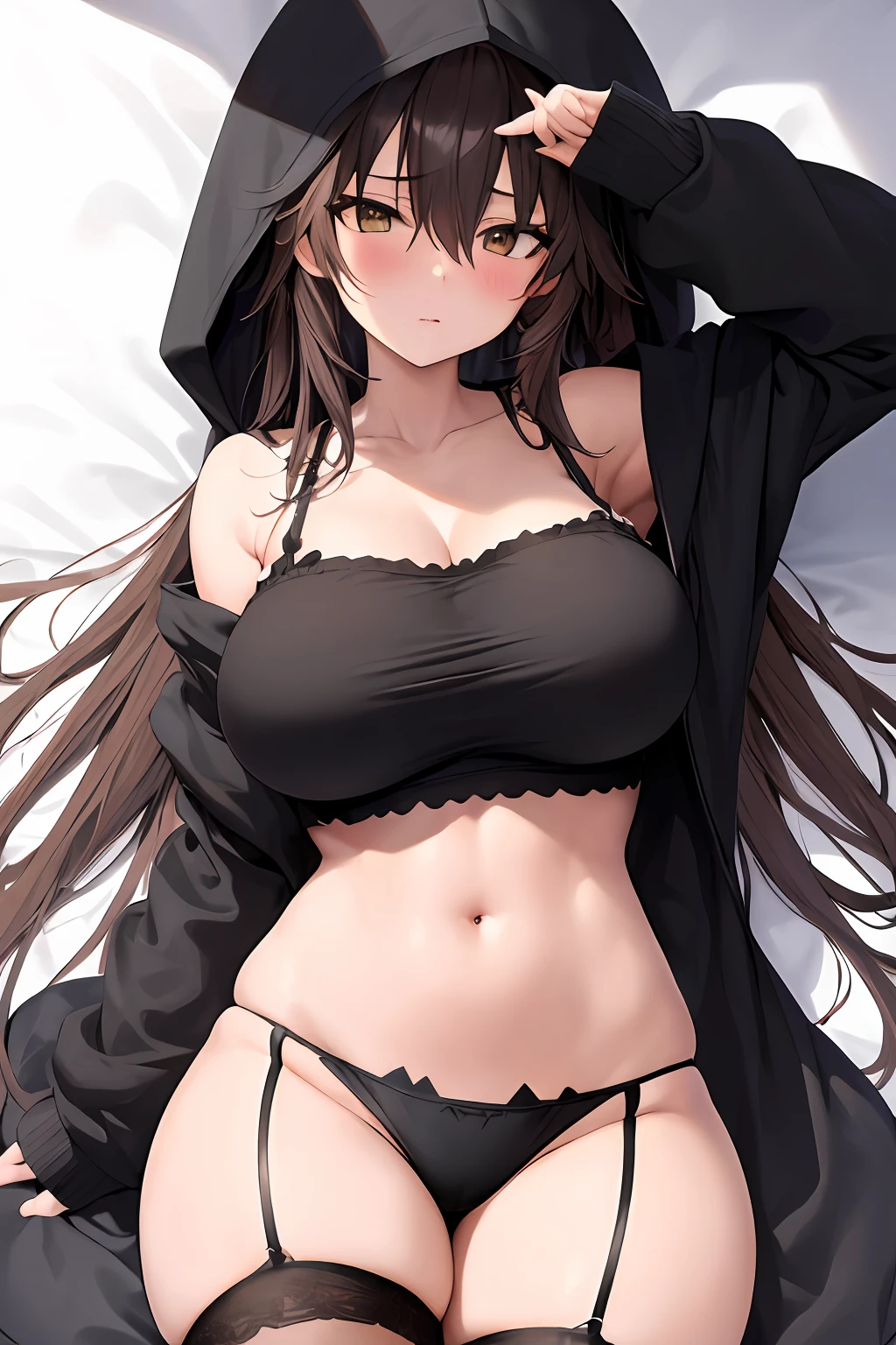 Masterpiece, 1 girl, black panties, garter straps, garter belt, black hoodie, oversized hoodie, black stockings, thigh highs, laying down, laying on bed, sleeves over hands, long hair, thick thighs, large breasts, toned stomach, toned arms, fit, on back, clothing on torso