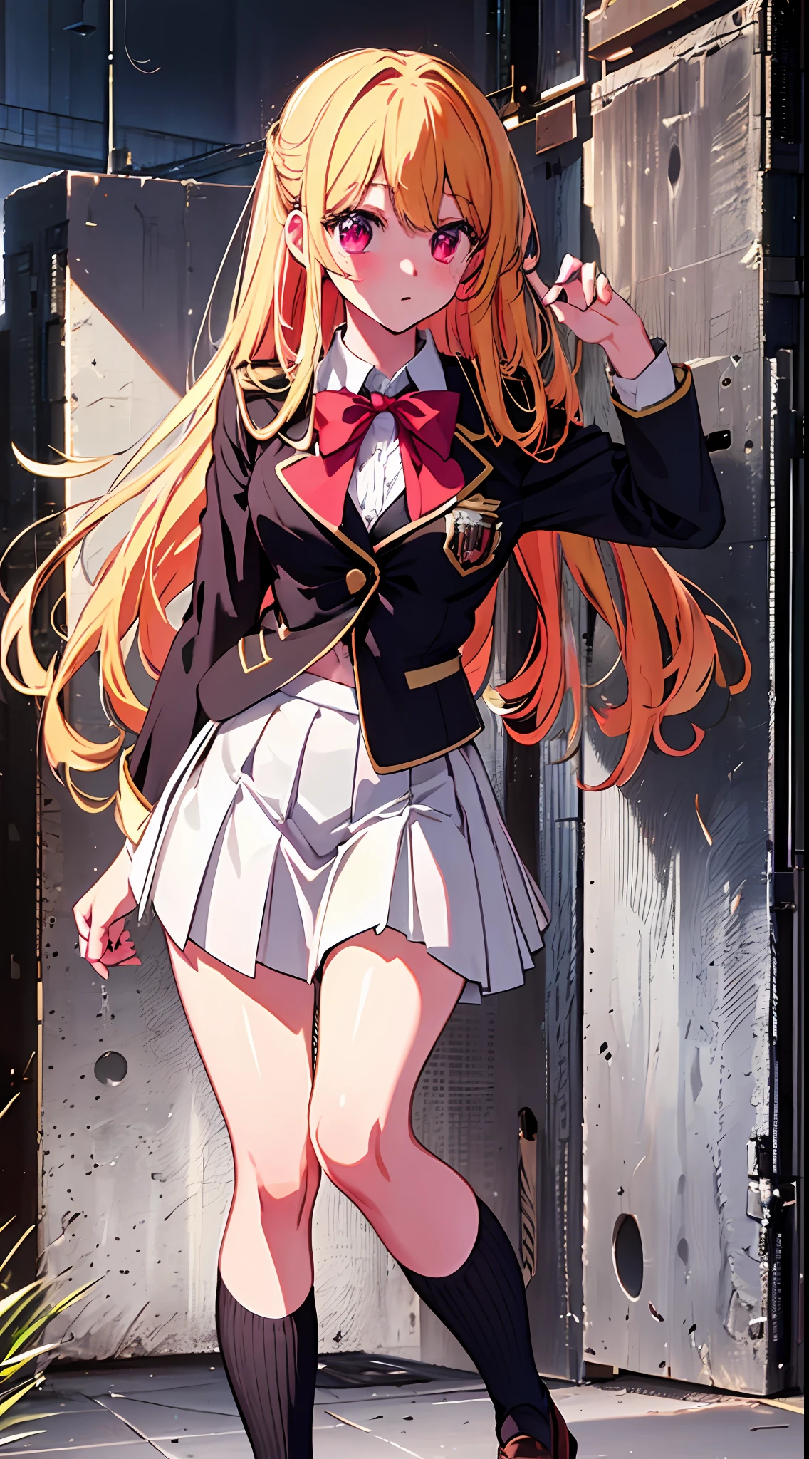 main girl is beautiful and cute, "neat and bright uniform coordination", full body, full body illustration, best illustration, elementary school student, realistic and elaborate uniform, high school uniform, ((highest quality)), ((masterpiece)), (detail: 1.4), anatomical, award-winning concept art, beautiful, fine details, portrait, look viewer, (full body view)), 1 girl, full body, solo, 6 years old, elementary school student, child actor, golden hair, blonde, semi-long hair, red and pink eyes, large eyes, the pupil of the left eye is star-shaped, characteristic pupil of the left eye, pupil of the left eye clear, pupil of the left eye detailed, dark brown blazer, maroon sweater, long checked skirt, dark green and maroon skirt, black hyso, orange large ribbon, white blouse, underwear, panties, skirt, white panties, wet, shirt, wet clothes, skirt lift, blush, classroom, navel,lift under chest, clothing lift, easy background, lifting clothes, uniform, Japan cute school uniform, blazer, look away, short sleeve, loli, skinny, elementary, loli, baby face, cute, young appearance, fantastic visual depiction, professional effects, beautiful girl, petite girl, sweaty transparent clothes, unevenness, absurdity, Heel up loafers, golden hair, red and pink eyes, the main girl is beautiful and cute