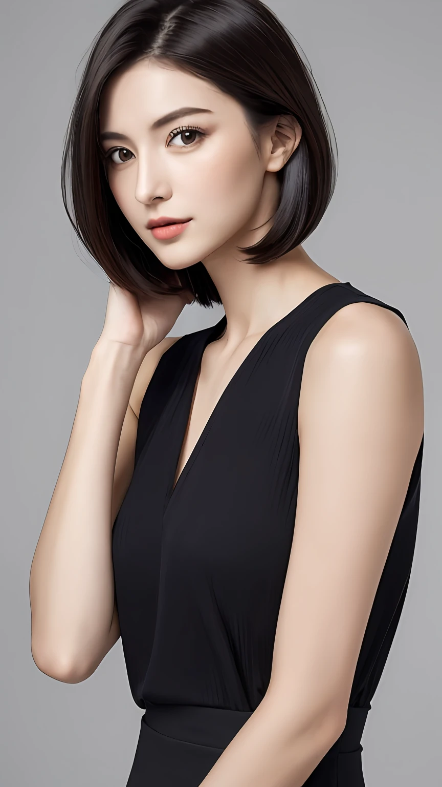 (masterpiece:1.3), (8K, Photorealsitic, Raw photography, Top image quality: 1.4), japanes, (1girl in), beauitful face, (Lifelike face), (A dark-haired, short-hair:1.3), Beautiful hairstyle, Realistic eyes, Beautiful eyes, (real looking skin), Beautiful skin, enticing, 超A high resolution, A hyper-realistic, high-detail, the golden ratio, Detal Face,see the beholder,middlebreasts,Female Announcer、Tall Slender、Beautuful Women、Lower body ultra-thin、Colossal tits、undershirt、caster、news