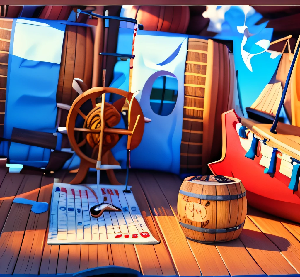 pirate ships,Wine barrels,with blue sky and white clouds,Sail,oar,ribbons