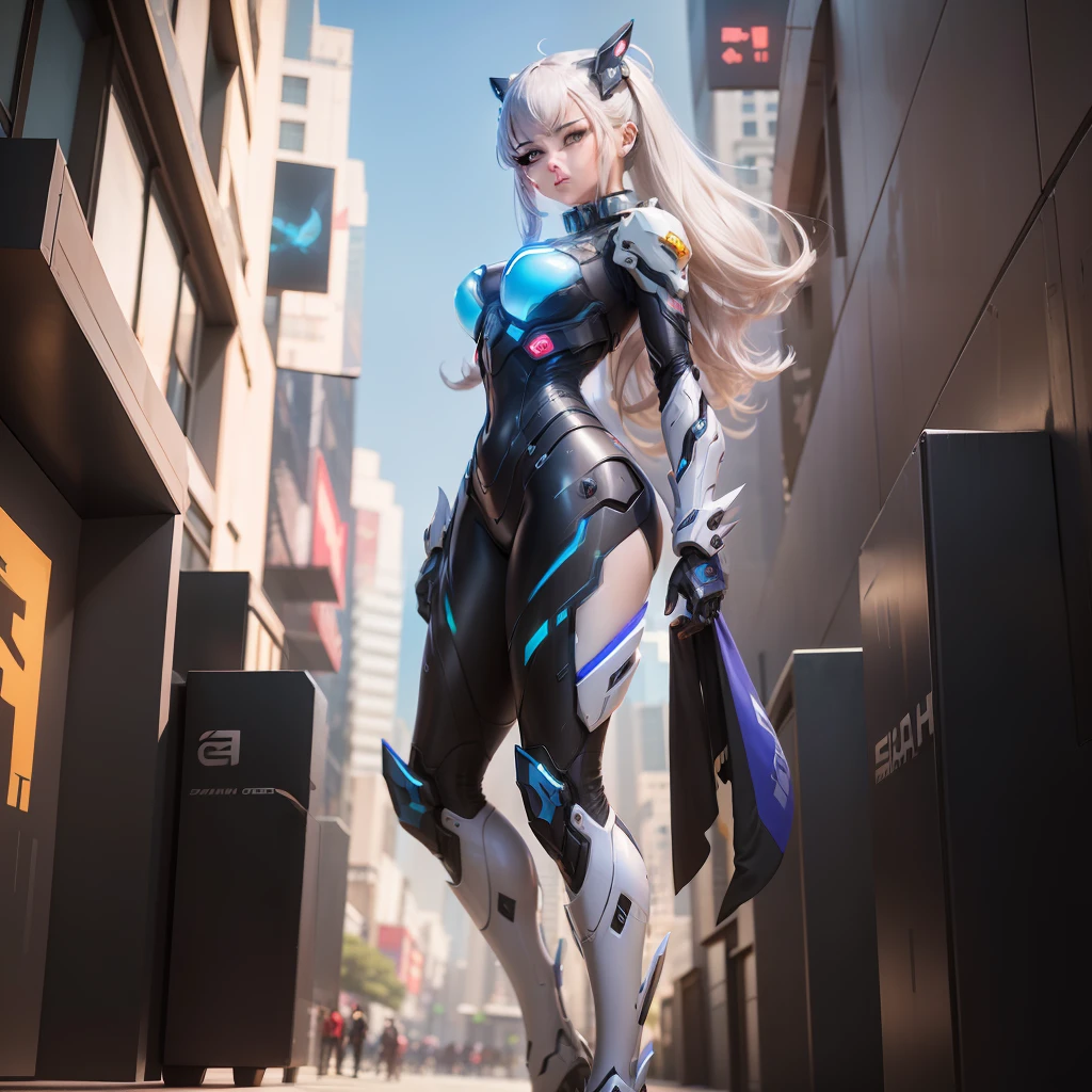 Arad woman in futuristic suit standing on city street, girl in mecha cyber armor, female mecha, cyberpunk anime girl mech, [ trending on CGSociety ]!!, Mechanized Valkyrie girl, cgsociety and fenghua zhong, beautiful girl cyborg, Mecha suit, ArtStation masterpiece, CGsociety masterpiece, perfect anime cyborg woman
