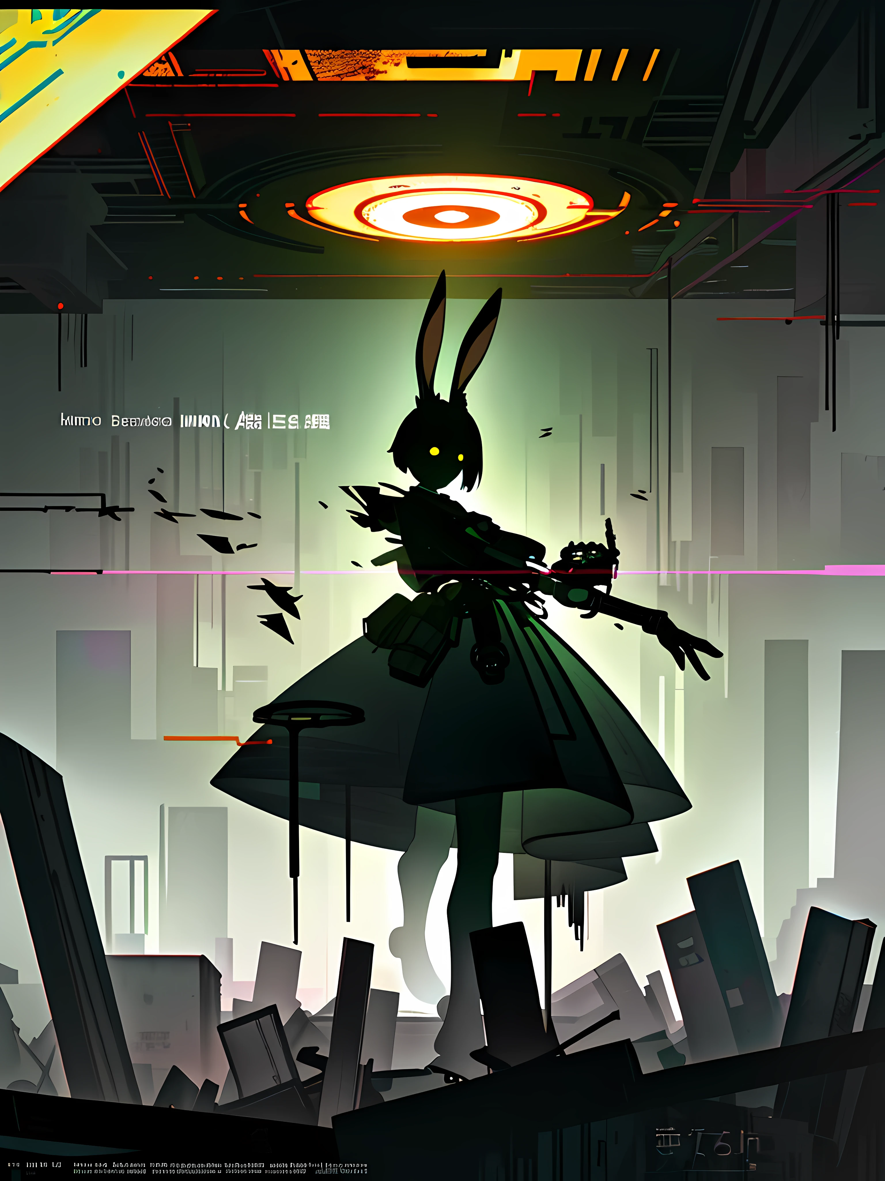 (blame! style abandoned tech landscape), (Zen, Amy Sol style), (underground, dark, foggy, perilous, abandoned dystopian apartment bedroom, deep windows), (abstract anthro rabbit figure wearing bunny ears), cover art with light abstraction, abstract, simple vector art, contemporary Cybernetic art, color gradients, soft color palettes, layered forms, whimsical animation, style Ethereal abstract, 4K, --v6