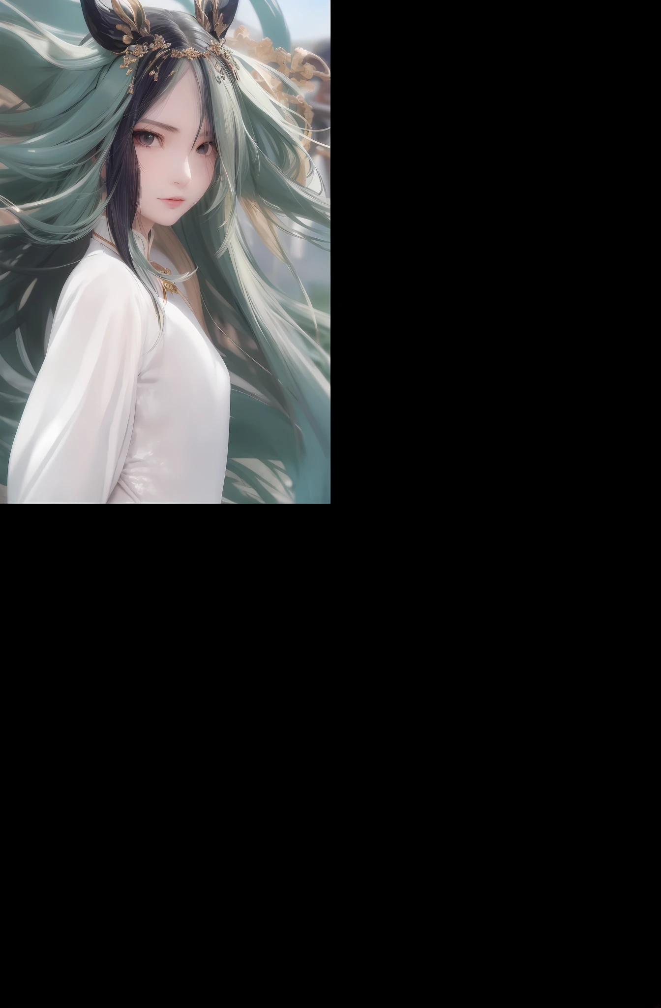 2D Beautiful Girl,Long dark blue hair,sideface,Dragon's horn