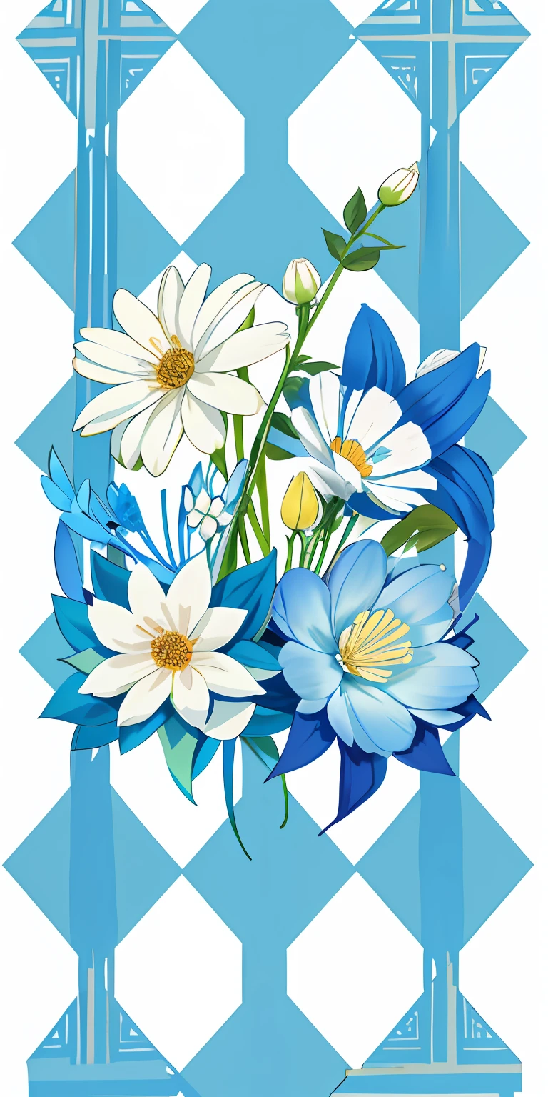 There is a picture of a blue and white checkered background and a picture of a flower, Ribbons and flowers, Flower frame, flower pattern, flowers in the background, decorative frame, inspired by Masamitsu Ōta, depicting a flower, bloom and flowers in background, inside stylized border, With flowers, full device, japanese related with flowers