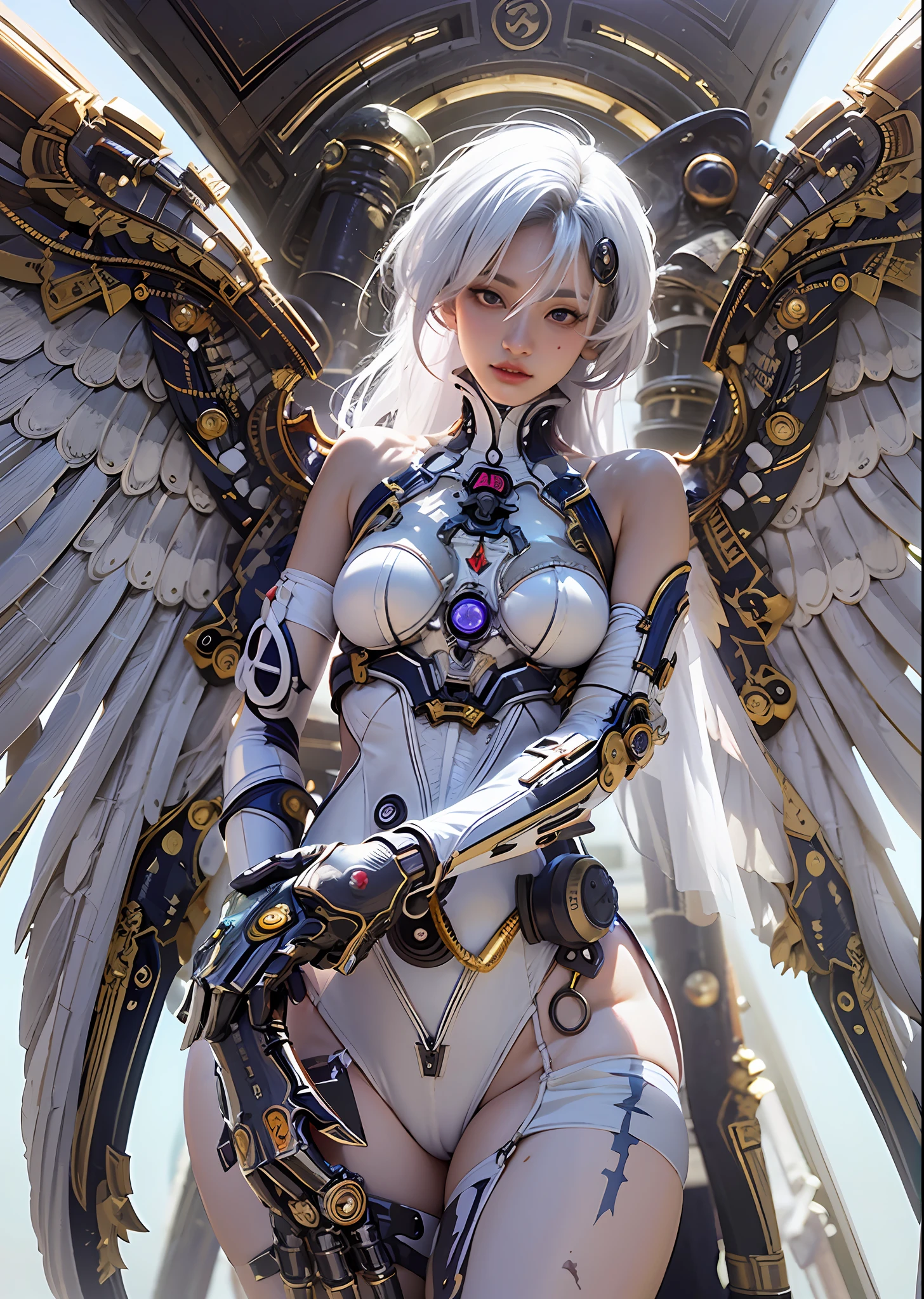 top-quality、​masterpiece、超A high resolution、(Photorealsitic:1.4)、Raw photo、Steampunk Cyborg Angel、large wings made of metal、White porcelain body、white  hair、glowy skin、1 Cyborg Girl、((super realistic details))、portlate、globalillumination、Shadow、octan render、8K、ultrasharp、character edge light,Colossal tits、Raw skin is exposed in cleavage、Details of complex ornaments、Acrylic Clear Cover、Sumerian details、Hydraulic cylinder、Small LED lamp、highly intricate detail、Realistic light、a purple eye、radiant eyes、Facing the camera、neon details、cowboy  shot、Futuristic headgear、About Cyberpunk、、