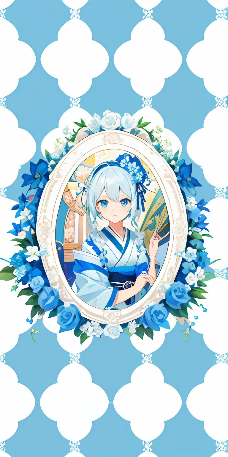 There is a picture of a blue and white checkered background and a picture of a flower, Ribbons and flowers, Flower frame, flower pattern, flowers in the background, decorative frame, inspired by Masamitsu Ōta, depicting a flower, bloom and flowers in background, inside stylized border, With flowers, full device, japanese related with flowers