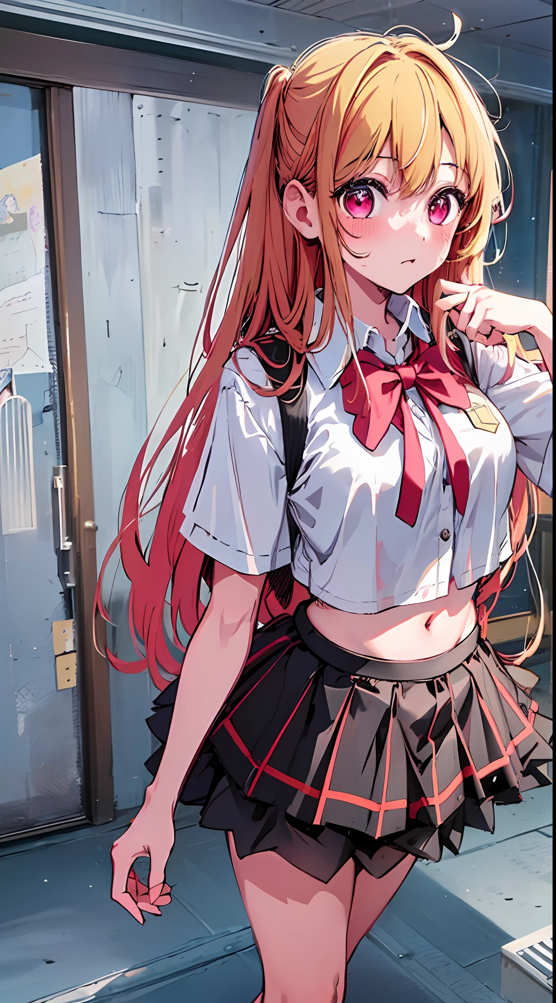 main girl is beautiful and cute, "neat and bright uniform coordination", full body, full body illustration, best illustration, elementary school student, realistic and elaborate uniform, high school uniform, ((highest quality)), ((masterpiece)), (detail: 1.4), anatomical, award-winning concept art, beautiful, fine details, portrait, look viewer, (full body view)), 1 girl, full body, solo, 6 years old, elementary school student, child actor, golden hair, blonde, semi-long hair, red and pink eyes, large eyes, the pupil of the left eye is star-shaped, characteristic pupil of the left eye, pupil of the left eye clear, pupil of the left eye detailed, dark brown blazer, maroon sweater, long checked skirt, dark green and maroon skirt, black hyso, orange large ribbon, white blouse, underwear, panties, skirt, white panties, wet, shirt, wet clothes, skirt lift, blush, classroom, navel,lift under chest, clothing lift, easy background, lifting clothes, uniform, Japan cute school uniform, blazer, look away, short sleeve, loli, skinny, elementary, loli, baby face, cute, young appearance, fantastic visual depiction, professional effects, beautiful girl, petite girl, sweaty transparent clothes, unevenness, absurdity, Heel up loafers, golden hair, red and pink eyes, the main girl is beautiful and cute