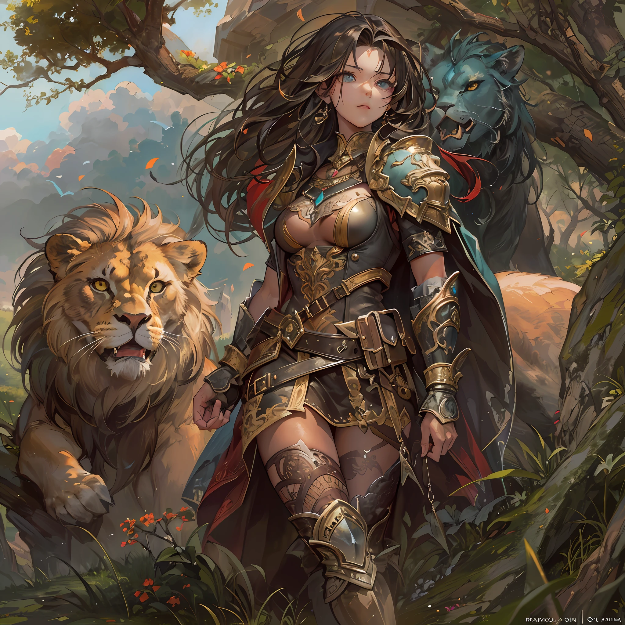 high details, best quality, 8k, [ultra detailed], masterpiece, best quality, (extremely detailed), dynamic angle, ultra wide shot, RAW, photorealistic, fantasy art, dnd art, rpg art, realistic art, a wide angle picture of a female human ranger and her pet lion, warrior of nature, fighter of nature, full body, [[anatomically correct]]. dynamic position (1.5 intricate details, Masterpiece, best quality) talking to a lion (1.6 intricate details, Masterpiece, best quality) in graaslands (1.5 intricate details, Masterpiece, best quality), a female  wearing leather clothes (1.4 intricate details, Masterpiece, best quality), leather boots, thick hair, long hair, dynamic hair, tan skin intense eyes, grasslands background (intense details), a stream flowing in the backgraound (1.4 intricate details, Masterpiece, best quality), dawn light, clouds (1.4 intricate details, Masterpiece, best quality), dynamic angle, (1.4 intricate details, Masterpiece, best quality) 3D rendering, high details, best quality, highres, ultra wide angle