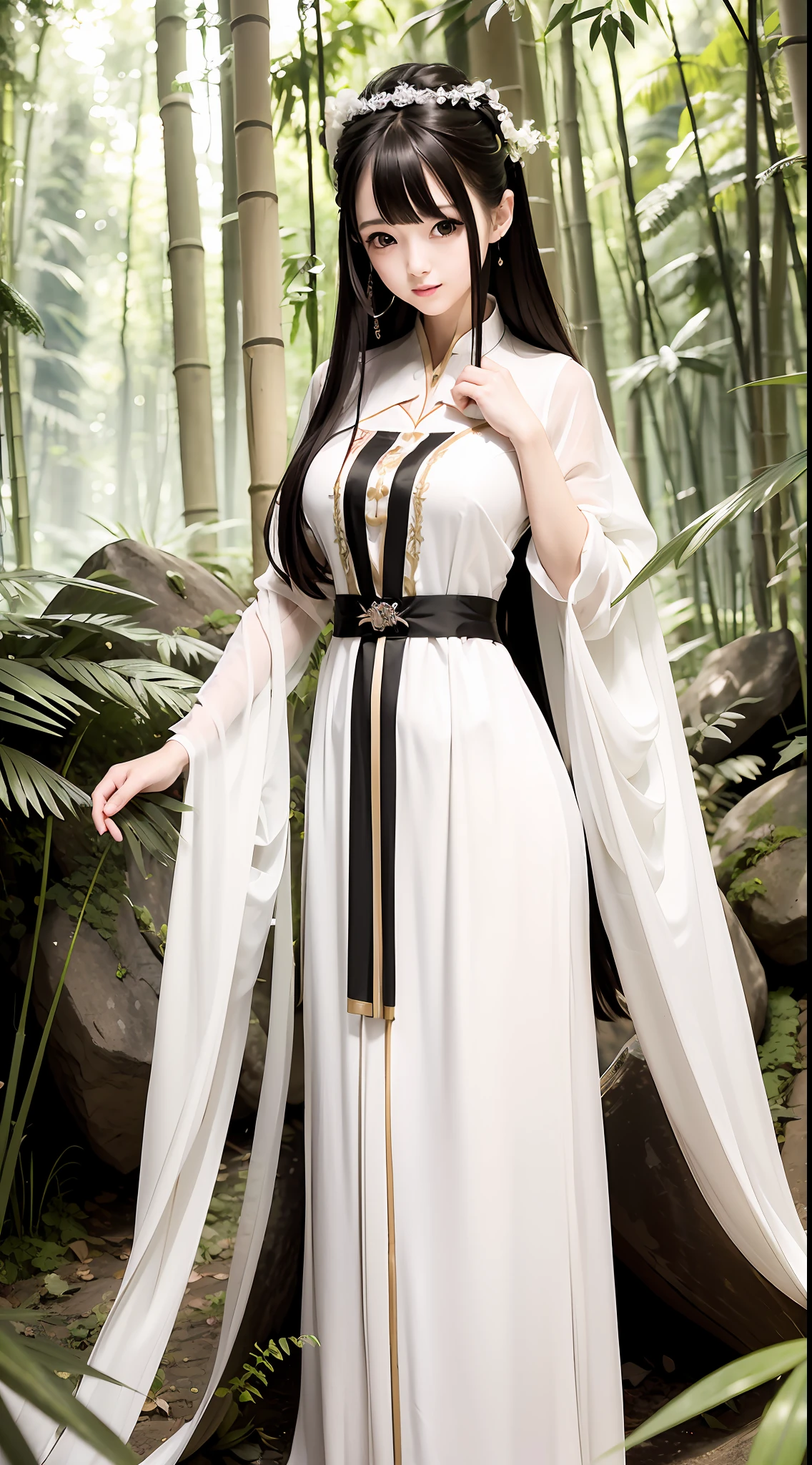 tmasterpiece，best qualtiy，offcial art，8k wallpaper，The is very detailed，illustratio，Plain white long dress，1个Giant Breast Girl，Black hair，long whitr hair，Detailed eyes，A piece of tulle covers the chest，long  skirt，Hanfu，Pure，softl smile，A dense bamboo forest