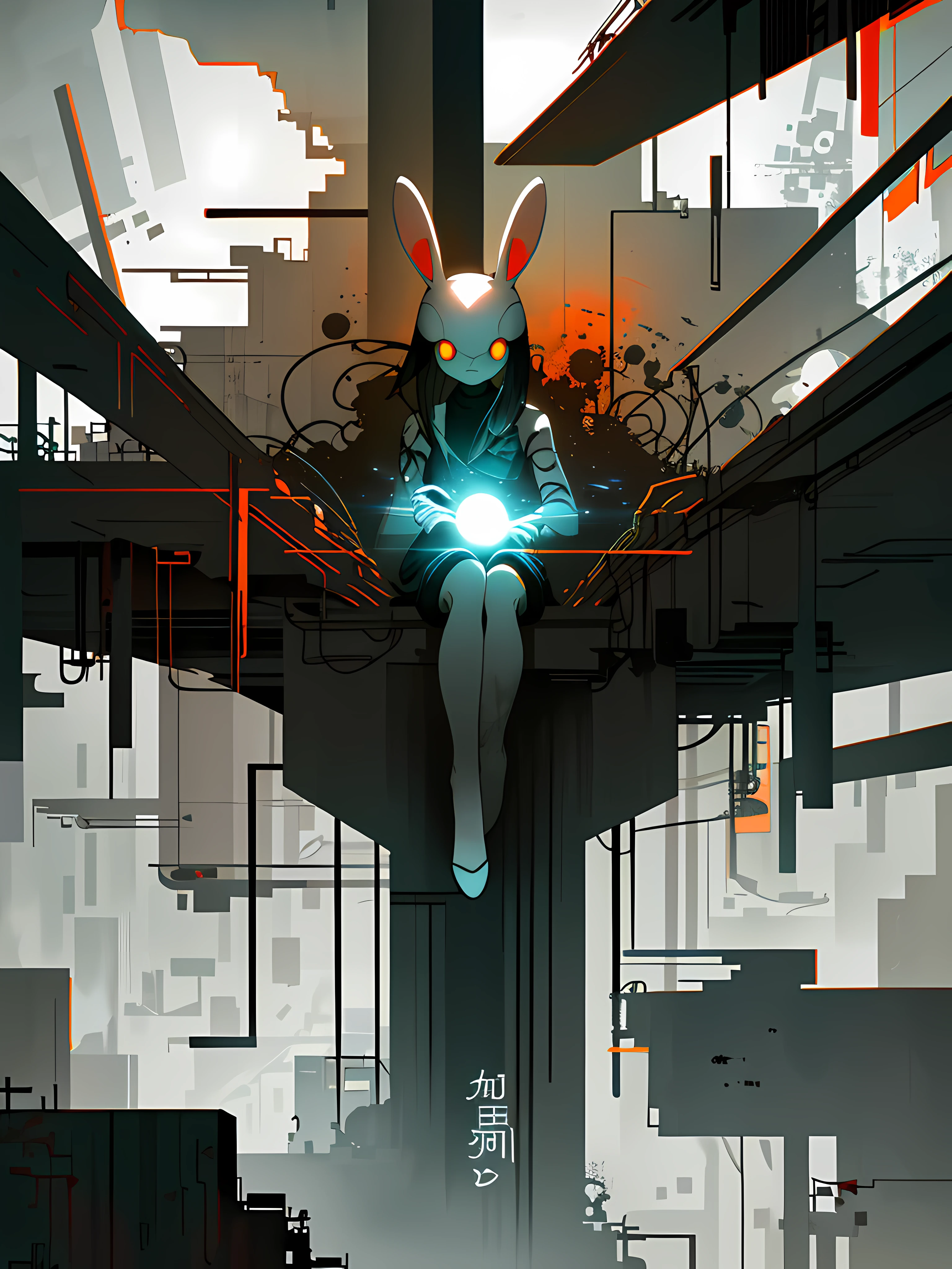 (blame! style abandoned tech landscape), (Zen, Amy Sol style), (underground, dark, foggy, perilous, abandoned dystopian apartment bedroom, deep windows), (abstract anthro rabbit figure wearing bunny ears), cover art with light abstraction, abstract, simple vector art, contemporary Cybernetic art, color gradients, soft color palettes, layered forms, whimsical animation, style Ethereal abstract, 4K, --v6