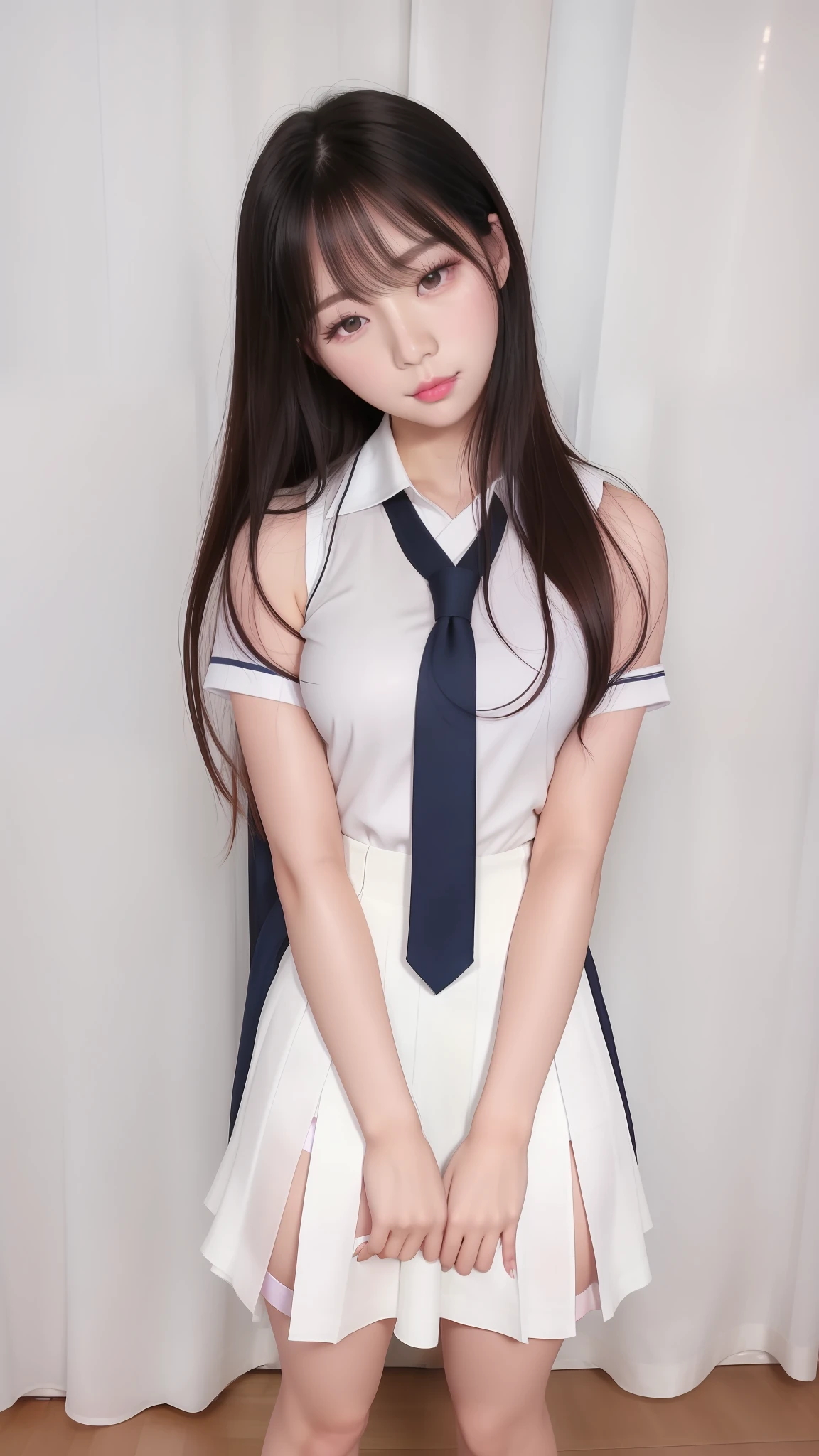 photo of (raw photo:1.2), (photorealistic:1.4), (Kpop idol), korean, beautiful, shiny skin, freckles, oil skin, white skin, whiter skin, long hair, hand behind back, brown eyes, brown hair, light smile, looking at viewer, curtain background,pink lips, lips with lipstick,light blush, parted lips, bigger eyes,brown eyes, (((skimpy white and navy blue high-school girl uniform))), (((full body shot))), (((perfect legs))), (( thigh) )