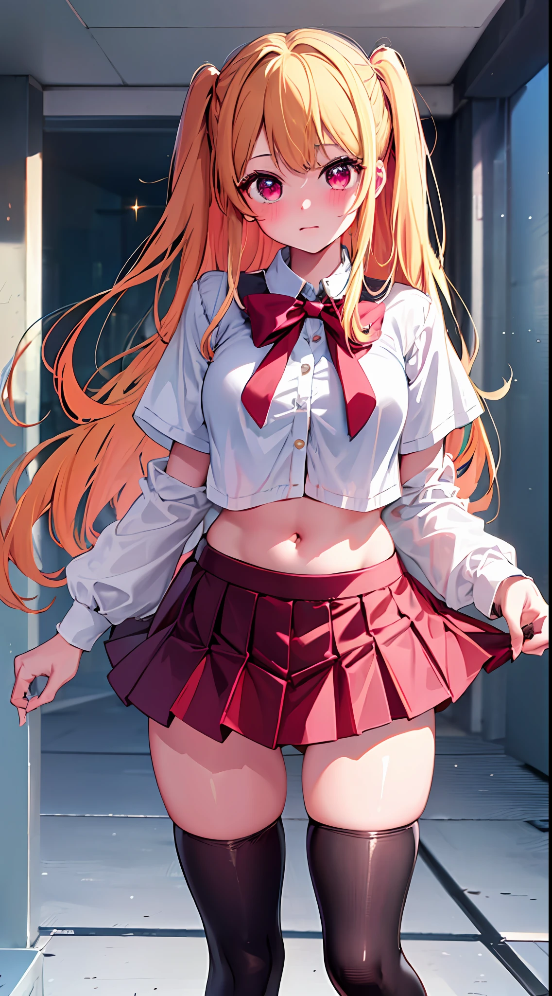 main girl is beautiful and cute, "neat and bright uniform coordination", full body, full body illustration, best illustration, elementary school student, realistic and elaborate uniform, high school uniform, ((highest quality)), ((masterpiece)), (detail: 1.4), anatomical, award-winning concept art, beautiful, fine details, portrait, look viewer, (full body view)), 1 girl, full body, solo, 6 years old, elementary school student, child actor, golden hair, blonde, semi-long hair, red and pink eyes, large eyes, the pupil of the left eye is star-shaped, characteristic pupil of the left eye, pupil of the left eye clear, pupil of the left eye detailed, dark brown blazer, maroon sweater, long checked skirt, dark green and maroon skirt, black hyso, orange large ribbon, white blouse, underwear, panties, skirt, white panties, wet, shirt, wet clothes, skirt lift, blush, classroom, navel,lift under chest, clothing lift, easy background, lifting clothes, uniform, Japan cute school uniform, blazer, look away, short sleeve, loli, skinny, elementary, loli, baby face, cute, young appearance, fantastic visual depiction, professional effects, beautiful girl, petite girl, sweaty transparent clothes, unevenness, absurdity, Heel up loafers, golden hair, red and pink eyes, the main girl is beautiful and cute