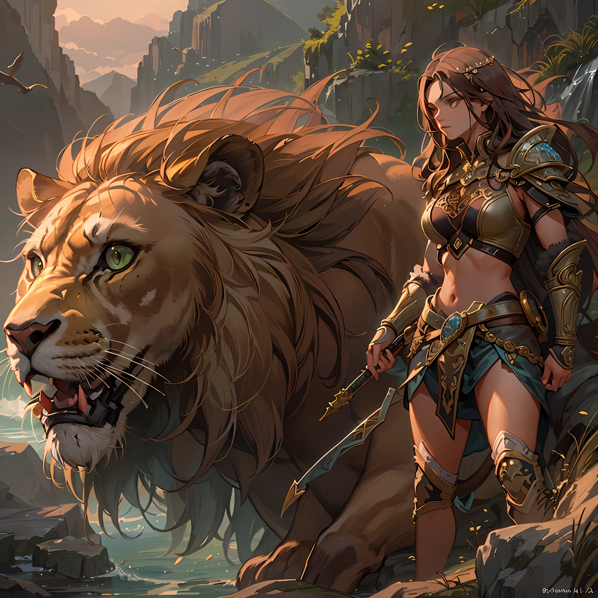 high details, best quality, 8k, [ultra detailed], masterpiece, best quality, (extremely detailed), dynamic angle, ultra wide shot, RAW, photorealistic, fantasy art, dnd art, rpg art, realistic art, a wide angle picture of a female human ranger and her pet lion, warrior of nature, fighter of nature, full body, [[anatomically correct]]. dynamic position (1.5 intricate details, Masterpiece, best quality) talking to a lion (1.6 intricate details, Masterpiece, best quality) in graaslands (1.5 intricate details, Masterpiece, best quality), a female  wearing leather clothes (1.4 intricate details, Masterpiece, best quality), leather boots, thick hair, long hair, dynamic hair, tan skin intense eyes, grasslands background (intense details), a stream flowing in the backgraound (1.4 intricate details, Masterpiece, best quality), dawn light, clouds (1.4 intricate details, Masterpiece, best quality), dynamic angle, (1.4 intricate details, Masterpiece, best quality) 3D rendering, high details, best quality, highres, ultra wide angle