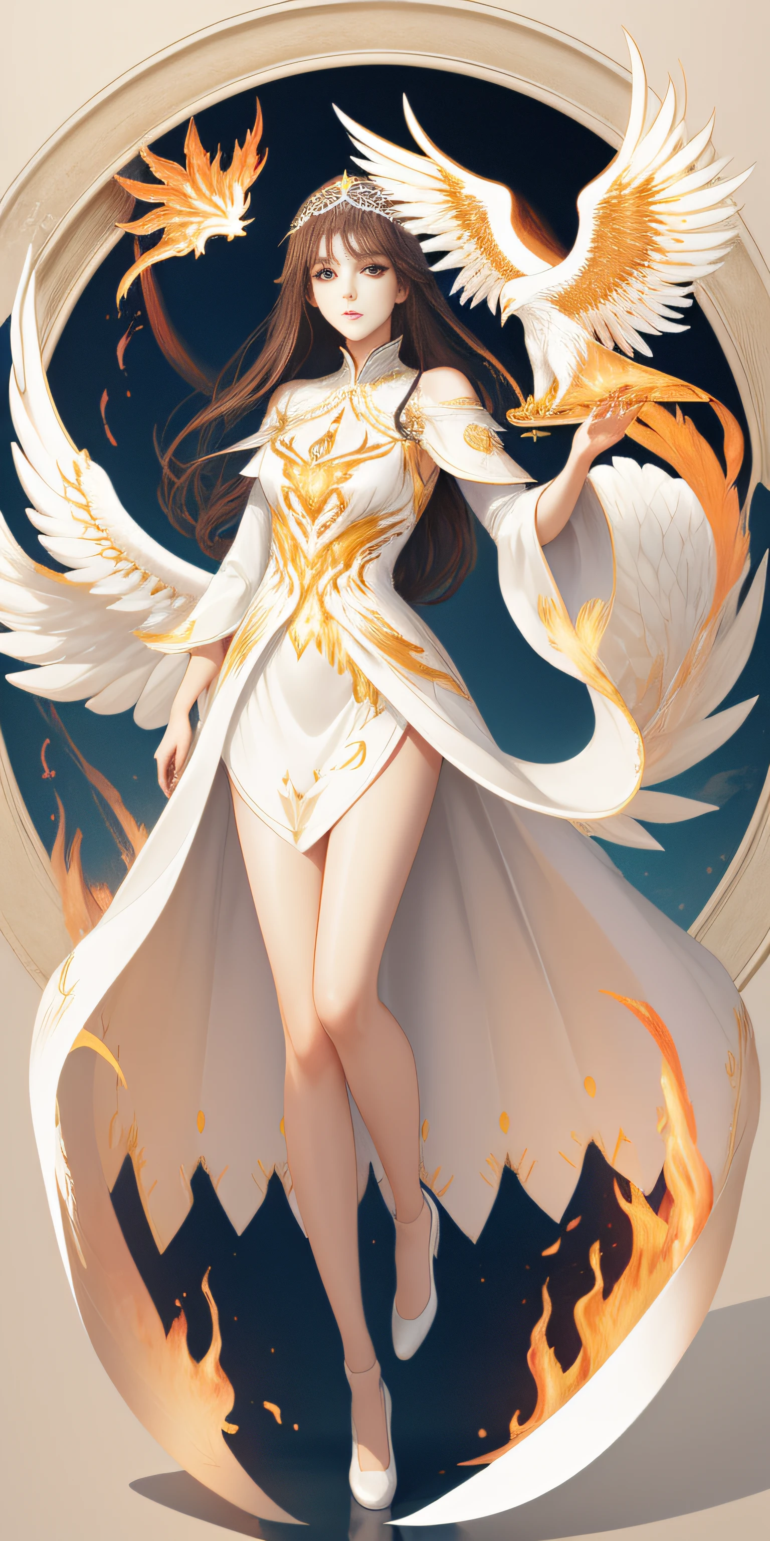 Super beautiful eyes、(((masterpiece)))、best qualtiy、illustratio、Beautiful detail glow、
paper_cut、Fantasia、white backgrounid、full body Esbian、1girl in、bare-legged、phoenix、firey、