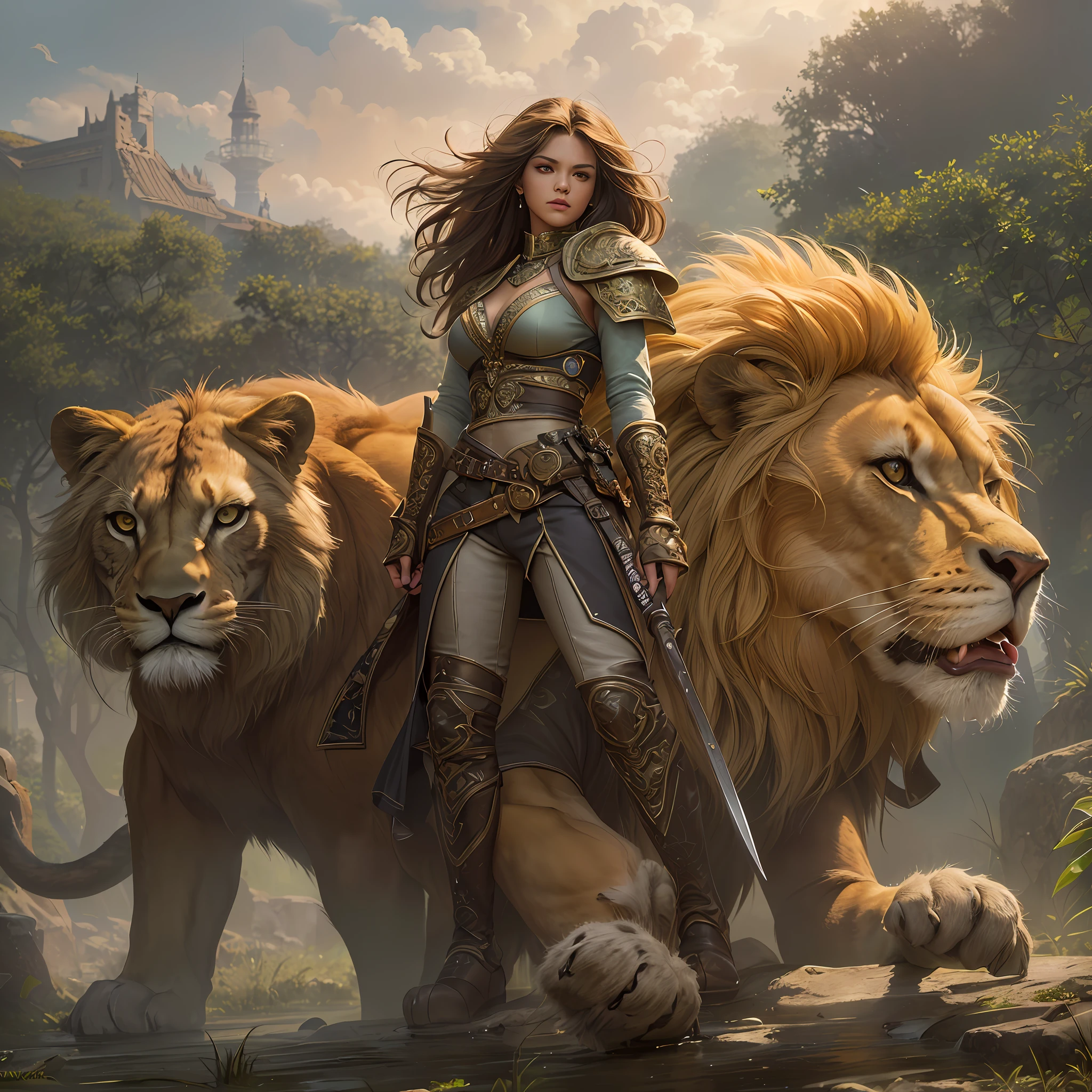 high details, best quality, 8k, [ultra detailed], masterpiece, best quality, (extremely detailed), dynamic angle, ultra wide shot, RAW, photorealistic, fantasy art, dnd art, rpg art, realistic art, a wide angle picture of a female human ranger and her pet lion, warrior of nature, fighter of nature, full body, [[anatomically correct]]. dynamic position (1.5 intricate details, Masterpiece, best quality) talking to a lion (1.6 intricate details, Masterpiece, best quality) in graaslands (1.5 intricate details, Masterpiece, best quality), a female  wearing leather clothes (1.4 intricate details, Masterpiece, best quality), leather boots, thick hair, long hair, dynamic hair, tan skin intense eyes, grasslands background (intense details), a stream flowing in the backgraound (1.4 intricate details, Masterpiece, best quality), dawn light, clouds (1.4 intricate details, Masterpiece, best quality), dynamic angle, (1.4 intricate details, Masterpiece, best quality) 3D rendering, high details, best quality, highres, ultra wide angle