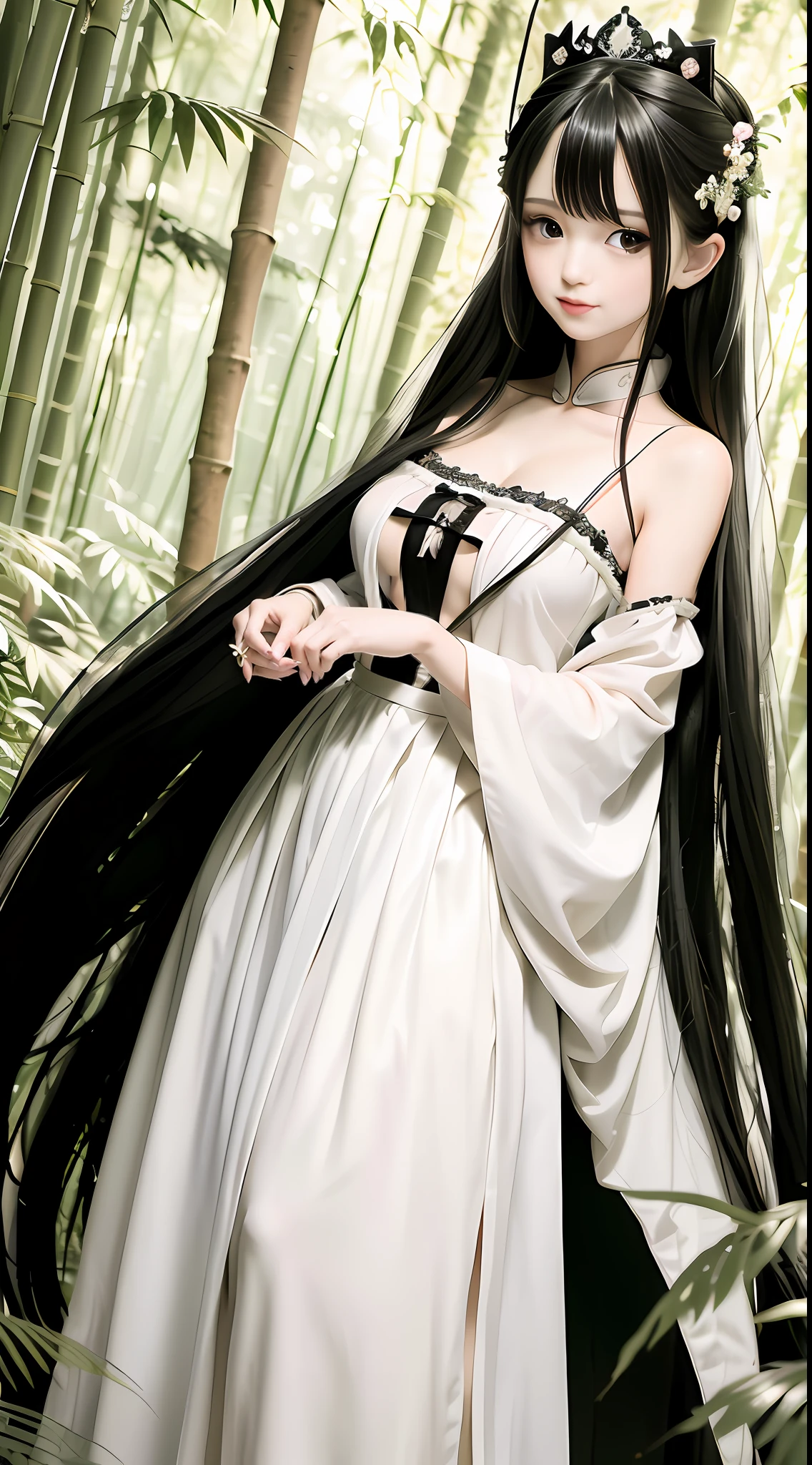 tmasterpiece,best qualtiy,offcial art,8k wallpaper,The is very detailed,illustratio,Plain white long dress,1个Giant Breast Girl,Black hair,long whitr hair,Detailed eyes,A piece of tulle covers the chest,long skirt,Hanfu,Pure,softl smile,A dense bamboo forest