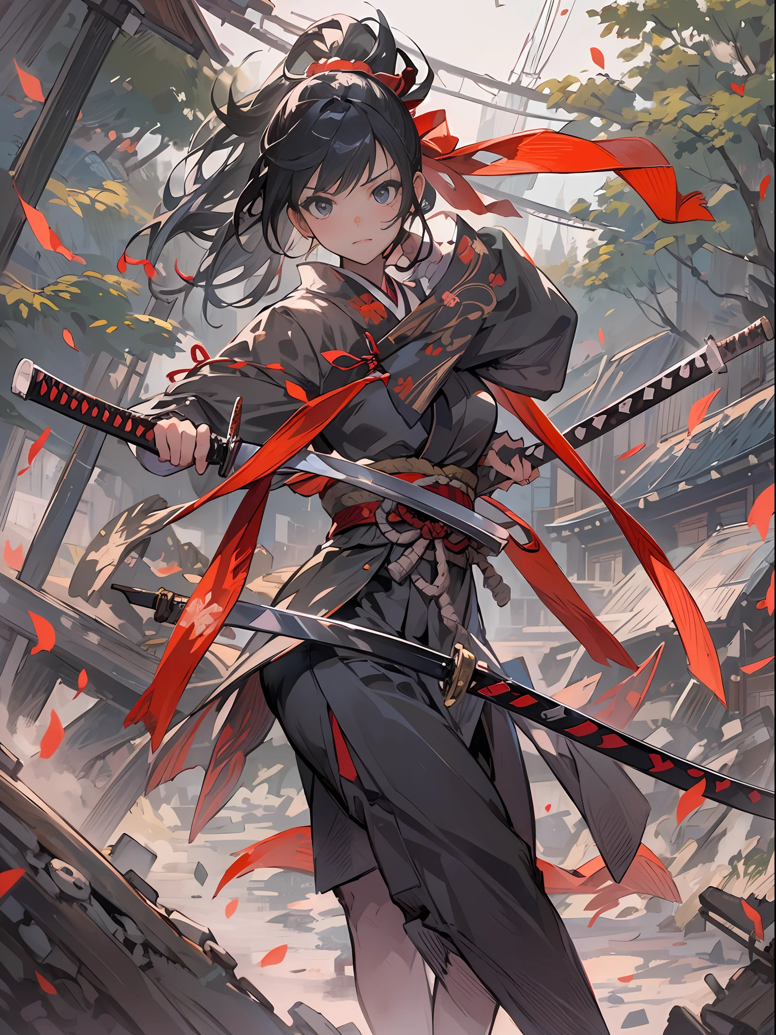 ​master piece,hyper quality, Hyper Detailed,Perfect drawing,Solo, Beautiful Girl, Samurai wielding a sword, Black ponytail, Hair tied up with a large red ribbon, Equipped with two Japan swords 、open stance, Dynamic Action Pose,Old Japan、battle field、wasteland、beatiful backgrounds、Accurate drawing、Detailed drawing、