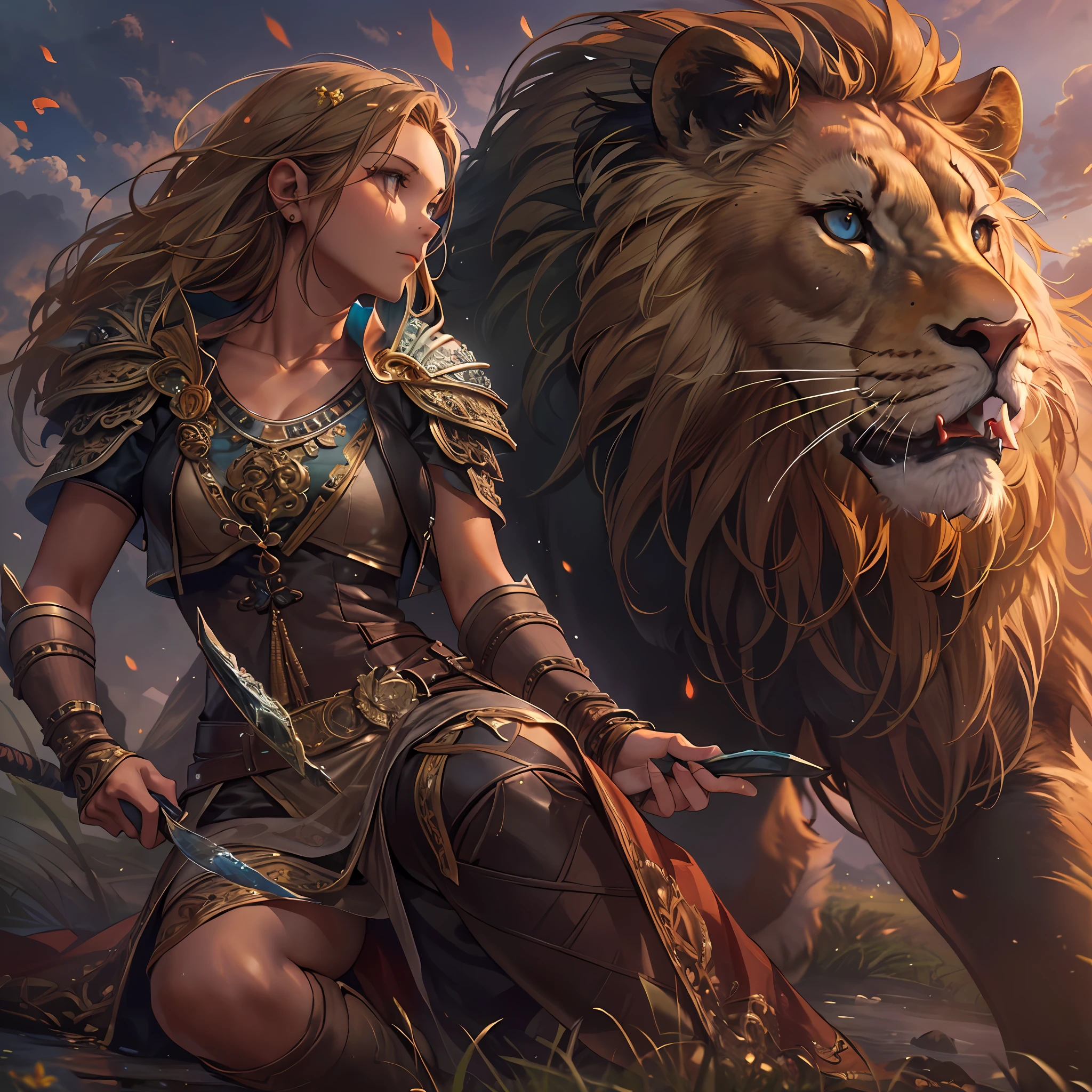 high details, best quality, 8k, [ultra detailed], masterpiece, best quality, (extremely detailed), dynamic angle, ultra wide shot, RAW, photorealistic, fantasy art, dnd art, rpg art, realistic art, a wide angle picture of a female human ranger and her pet lion, warrior of nature, fighter of nature, full body, [[anatomically correct]]. dynamic position (1.5 intricate details, Masterpiece, best quality) talking to a lion (1.6 intricate details, Masterpiece, best quality) in graaslands (1.5 intricate details, Masterpiece, best quality), a female  wearing leather clothes (1.4 intricate details, Masterpiece, best quality), leather boots, thick hair, long hair, dynamic hair, tan skin intense eyes, grasslands background (intense details), a stream flowing in the backgraound (1.4 intricate details, Masterpiece, best quality), dawn light, clouds (1.4 intricate details, Masterpiece, best quality), dynamic angle, (1.4 intricate details, Masterpiece, best quality) 3D rendering, high details, best quality, highres, ultra wide angle