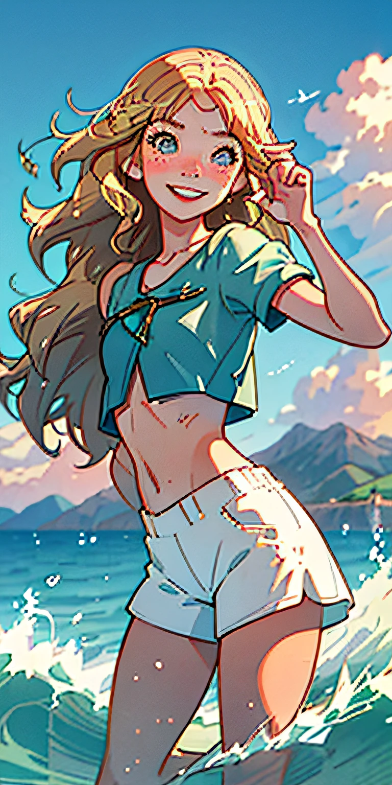 (best quality, masterpiece), 1girl, paw pose, smile, laughing, ocean, crop top, shorts, blonde, freckles, blush, looking at viewer, wavy hair, cloud, splashing, waves, sun, mountain, wet