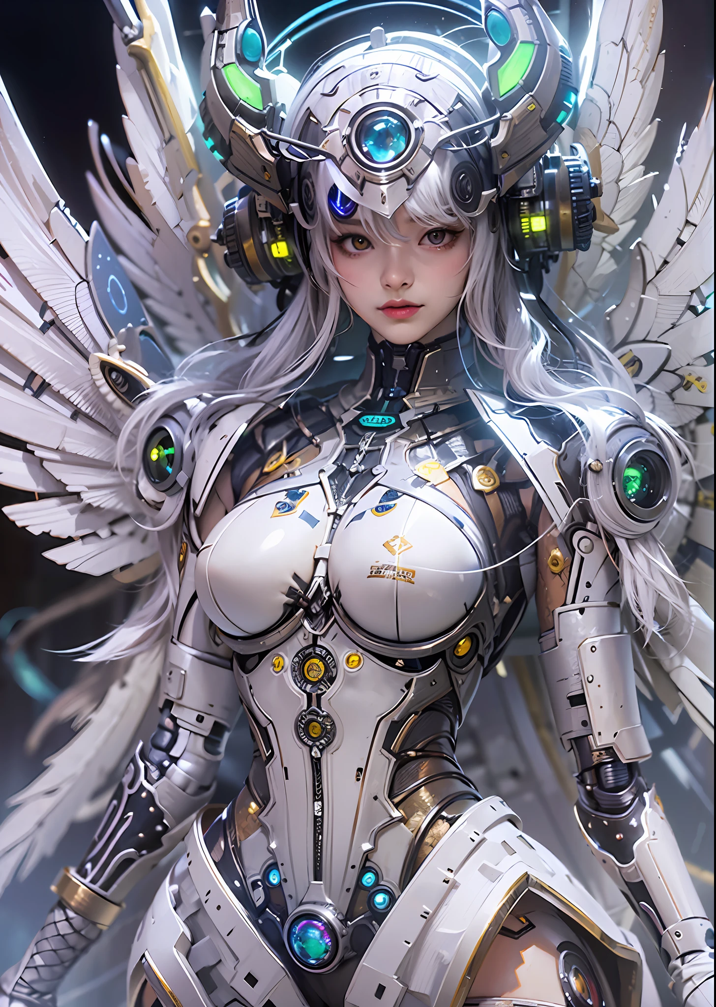 top-quality、masterpiece、超A high resolution、(Photorealsitic:1.4)、Raw photo、Steampunk Cyborg Angel、large wings made of metal、White porcelain body、white hair、glowy skin、1 Cyborg Girl、((super realistic details))、portlate、globalillumination、Shadow、octan render、8K、ultrasharp、character edge light,Colossal tits、Raw skin is exposed in cleavage、Details of complex ornaments、Acrylic Clear Cover、Sumerian details、Hydraulic cylinder、Small LED lamp、highly intricate detail、Realistic light、a purple eye、radiant eyes、Facing the camera、neon details、cowboy shot、Futuristic headgear、About Cyberpunk、、
