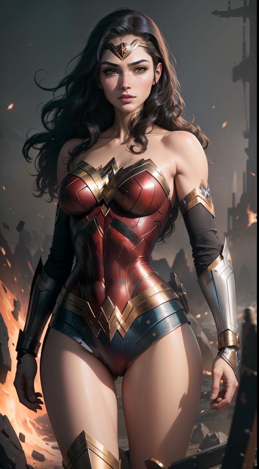 (Best Quality),(Masterpiece),(Ultra Detailed),(4k resolution),(Extremely detailed),Abstract expressionist painting "Hyperion", Sexy Wonder Woman, tarot card, Trending on ArtStation, Digital Painting, character concept art portrait, Scary