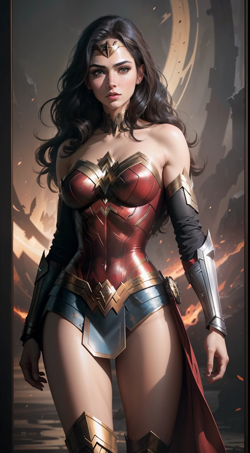 (Best Quality),(Masterpiece),(Ultra Detailed),(4k resolution),(Extremely detailed),Abstract expressionist painting "Hyperion", Sexy Wonder Woman, tarot card, Trending on ArtStation, Digital Painting, character concept art portrait, Scary