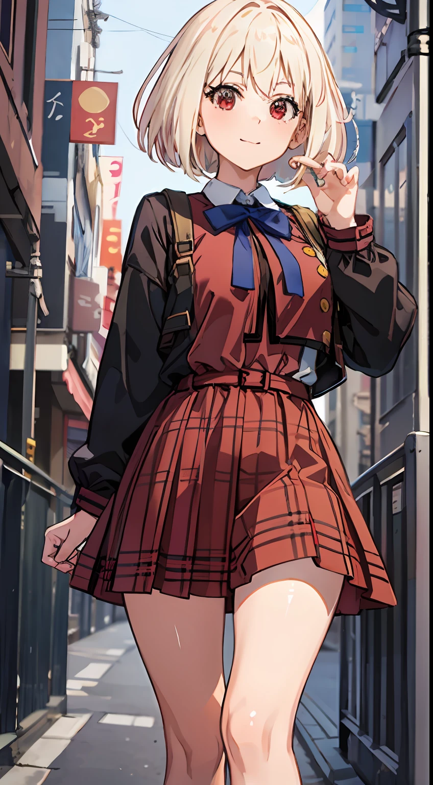 ​masterpiece, top-quality, Chisato Nishikiki、Platinum Blonde Hair、Anime girl with red eyes,bob cuts,Anime visuals of cute girls,Smooth Anime、an anime girl、hi-school girl、Plaid uniform、long-sleeve, Plaid dresses