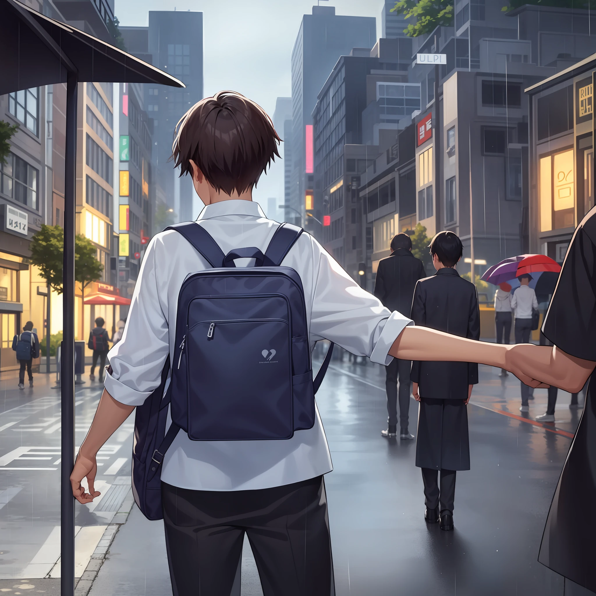 tmasterpiece, Best quality at best, high high quality, 1boy, (under rain:1.1),bookbag,On the street,running pose,Turn your back to the audience