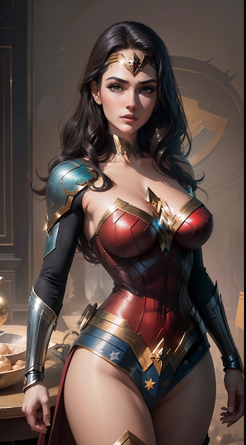 (Best Quality),(Masterpiece),(Ultra Detailed),(4k resolution),(Extremely detailed),Abstract expressionist painting "Hyperion", Sexy Wonder Woman (Big Tits), tarot card, Trending on ArtStation, Digital Painting, character concept art portrait, Scary