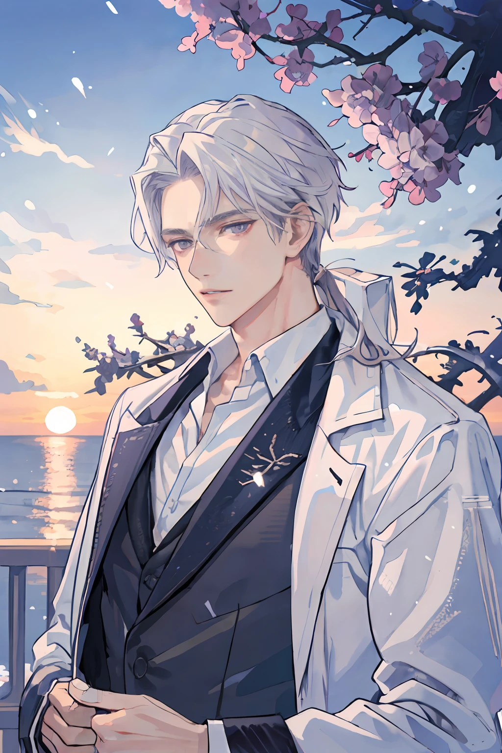 ((Masterpiece:1.2, Best quality)), 4K, Adult, 1人, Male, mature, aged up, Handsome, verytall, musculature, Broad shoulders, Long white hair, Purple eyes, Portrait, Sunset, sonoko,Snowy days