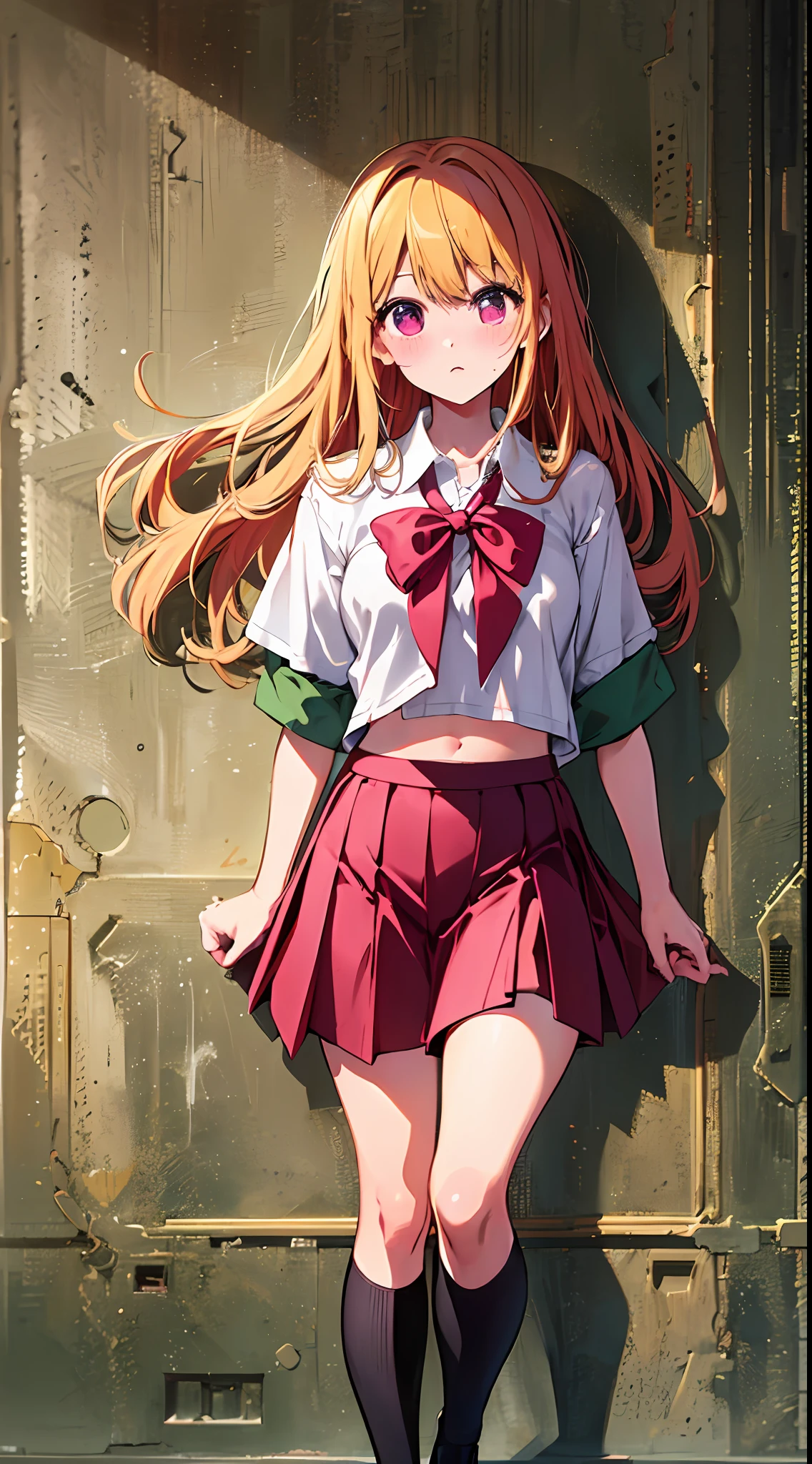 main girl is beautiful and cute, "neat and bright uniform coordination", full body, full body illustration, best illustration, elementary school student, realistic and elaborate uniform, high school uniform, ((highest quality)), ((masterpiece)), (detail: 1.4), anatomical, award-winning concept art, beautiful, fine details, portrait, look viewer, (full body view)), 1 girl, full body, solo, 6 years old, elementary school student, child actor, golden hair, blonde, semi-long hair, red and pink eyes, large eyes, the pupil of the left eye is star-shaped, characteristic pupil of the left eye, pupil of the left eye clear, pupil of the left eye detailed, dark brown blazer, maroon sweater, long checked skirt, dark green and maroon skirt, black hyso, orange large ribbon, white blouse, underwear, panties, skirt, white panties, wet, shirt, wet clothes, skirt lift, blush, classroom, navel,lift under chest, clothing lift, easy background, lifting clothes, uniform, Japan cute school uniform, blazer, look away, short sleeve, loli, skinny, elementary, loli, baby face, cute, young appearance, fantastic visual depiction, professional effects, beautiful girl, petite girl, sweaty transparent clothes, unevenness, absurdity, Heel up loafers, golden hair, red and pink eyes, the main girl is beautiful and cute