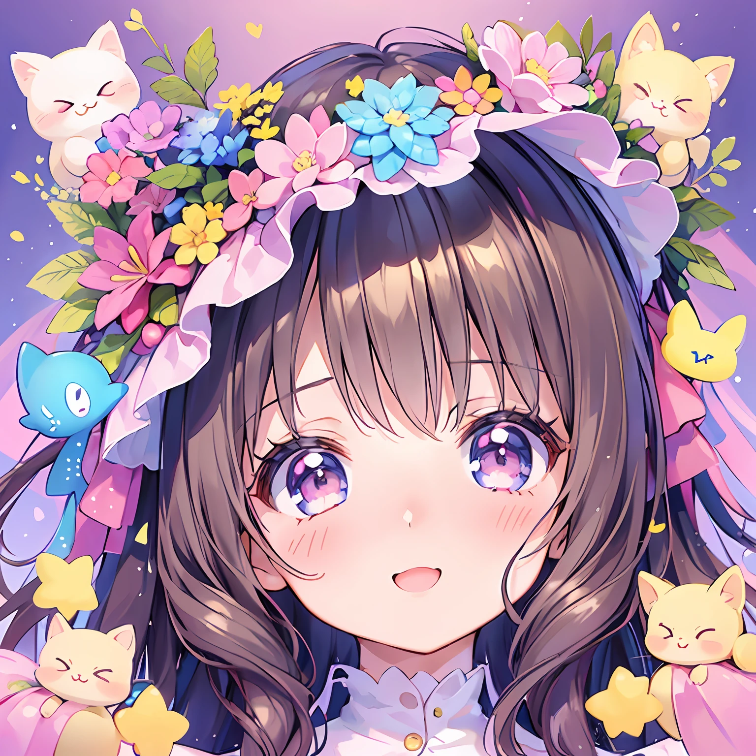 masterpiece, (2girls and 2girls and 2girls and 2girls), idol, closeup, big eyes, kawaiitech, kawaii, cute, pastel colors, best quality, happy, deep background, symmetrical, tilted head, summer, cover, title