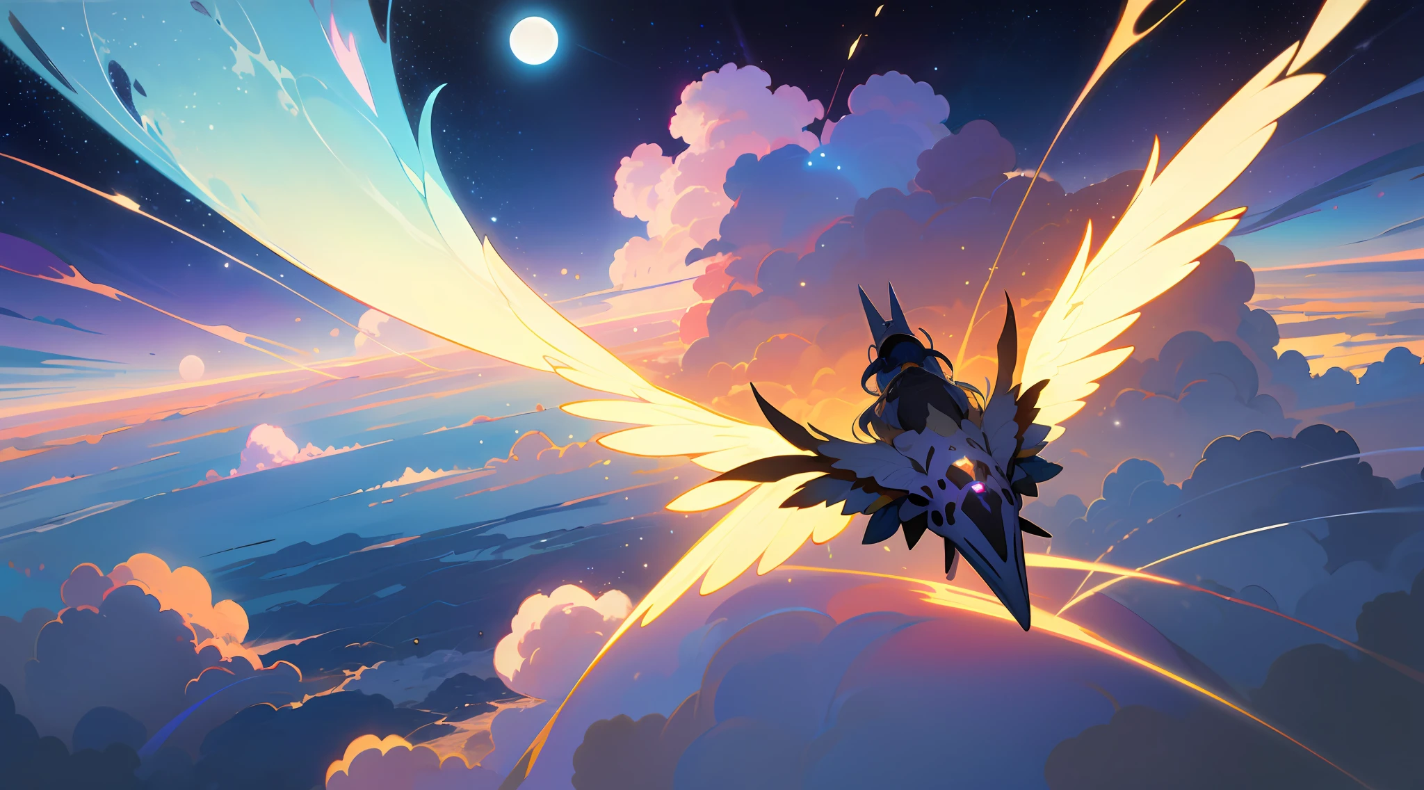 (Best quality),(masterpiece),(ultra detailed),(high detailed),(extremely detailed),Subject: Anime Sky Dreamscapes
Medium: Digital illustration or traditional painting.
Resolution: 4000x2000 pixels.
Color Palette: Soft pastel colors with a mix of vibrant hues.
Mood: Magical, ethereal, and serene.
Composition: Expansive skies with floating islands, whimsical clouds, and other dreamlike elements.
Lighting: Soft, diffused lighting with a warm, golden glow.
Style: Anime-inspired with a touch of fantasy and surrealism.
Details: Include elements such as shooting stars, colorful nebulae, fluffy clouds, and mystical creatures.
Inspiration: Anime fantasy worlds, Studio Ghibli films, surreal art, and celestial imagery.
Camera Setup: None (since it's a digital illustration).
Additional Notes: Emphasize the vastness and beauty of the sky by creating a sense of depth and space. Experiment with various cloud formations and shapes, ranging from fluffy cumulus clouds to wispy cirrus clouds. Incorporate celestial elements like moons, stars, and galaxies to enhance the dreamy atmosphere. Use soft brush strokes and blending techniques to create a seamless and ethereal look. Play with lighting effects, such as gentle rays of sunlight or glowing orbs, to add a magical touch. Consider adding whimsical creatures like flying dragons or floating jellyfish to bring a sense of wonder to the scene. Don't be afraid to let your imagination soar and create a dreamlike world that captures the essence of anime fantasy.