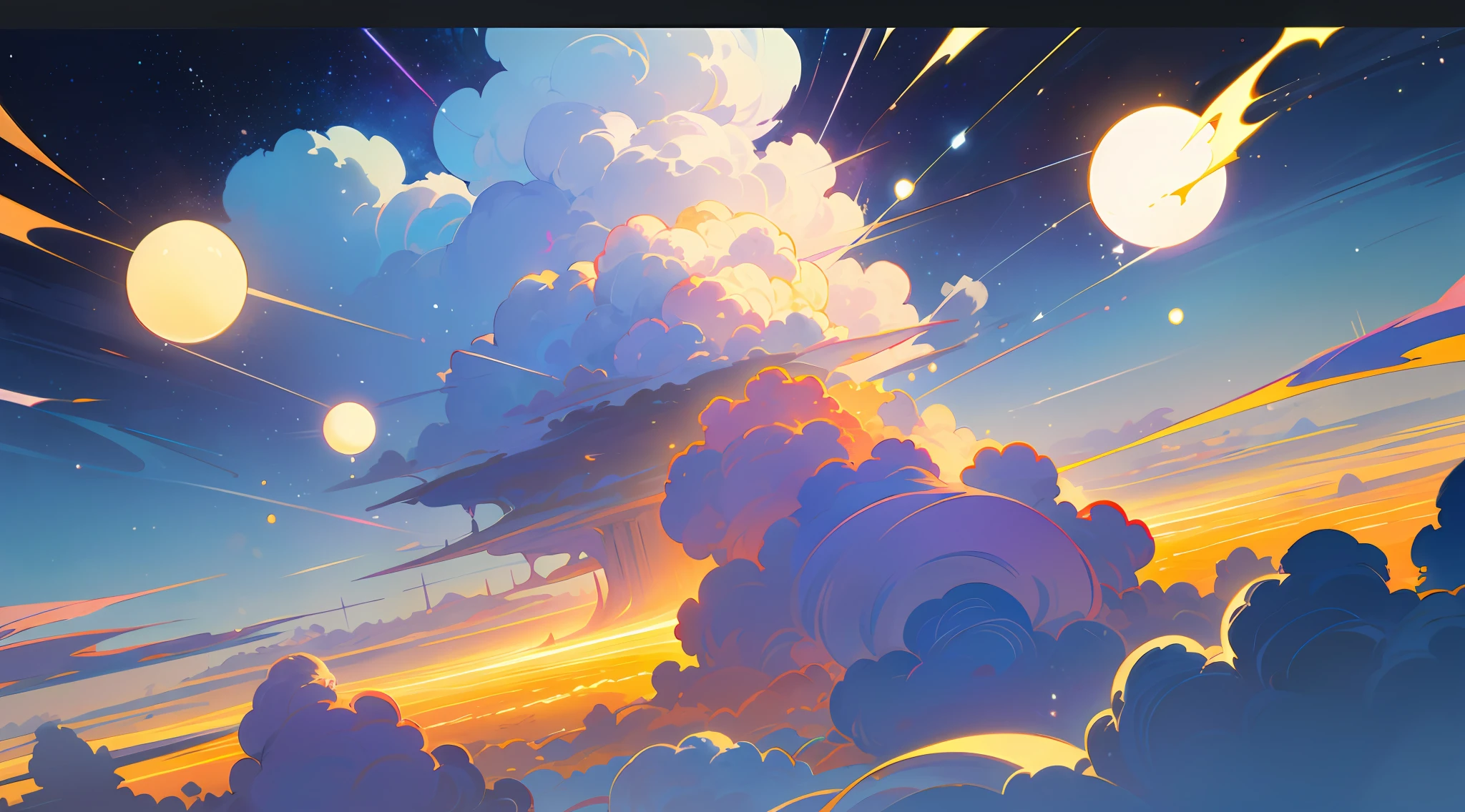 (Best quality),(masterpiece),(ultra detailed),(high detailed),(extremely detailed),Subject: Anime Sky Dreamscapes
Medium: Digital illustration or traditional painting.
Resolution: 4000x2000 pixels.
Color Palette: Soft pastel colors with a mix of vibrant hues.
Mood: Magical, ethereal, and serene.
Composition: Expansive skies with floating islands, whimsical clouds, and other dreamlike elements.
Lighting: Soft, diffused lighting with a warm, golden glow.
Style: Anime-inspired with a touch of fantasy and surrealism.
Details: Include elements such as shooting stars, colorful nebulae, fluffy clouds, and mystical creatures.
Inspiration: Anime fantasy worlds, Studio Ghibli films, surreal art, and celestial imagery.
Camera Setup: None (since it's a digital illustration).
Additional Notes: Emphasize the vastness and beauty of the sky by creating a sense of depth and space. Experiment with various cloud formations and shapes, ranging from fluffy cumulus clouds to wispy cirrus clouds. Incorporate celestial elements like moons, stars, and galaxies to enhance the dreamy atmosphere. Use soft brush strokes and blending techniques to create a seamless and ethereal look. Play with lighting effects, such as gentle rays of sunlight or glowing orbs, to add a magical touch. Consider adding whimsical creatures like flying dragons or floating jellyfish to bring a sense of wonder to the scene. Don't be afraid to let your imagination soar and create a dreamlike world that captures the essence of anime fantasy.