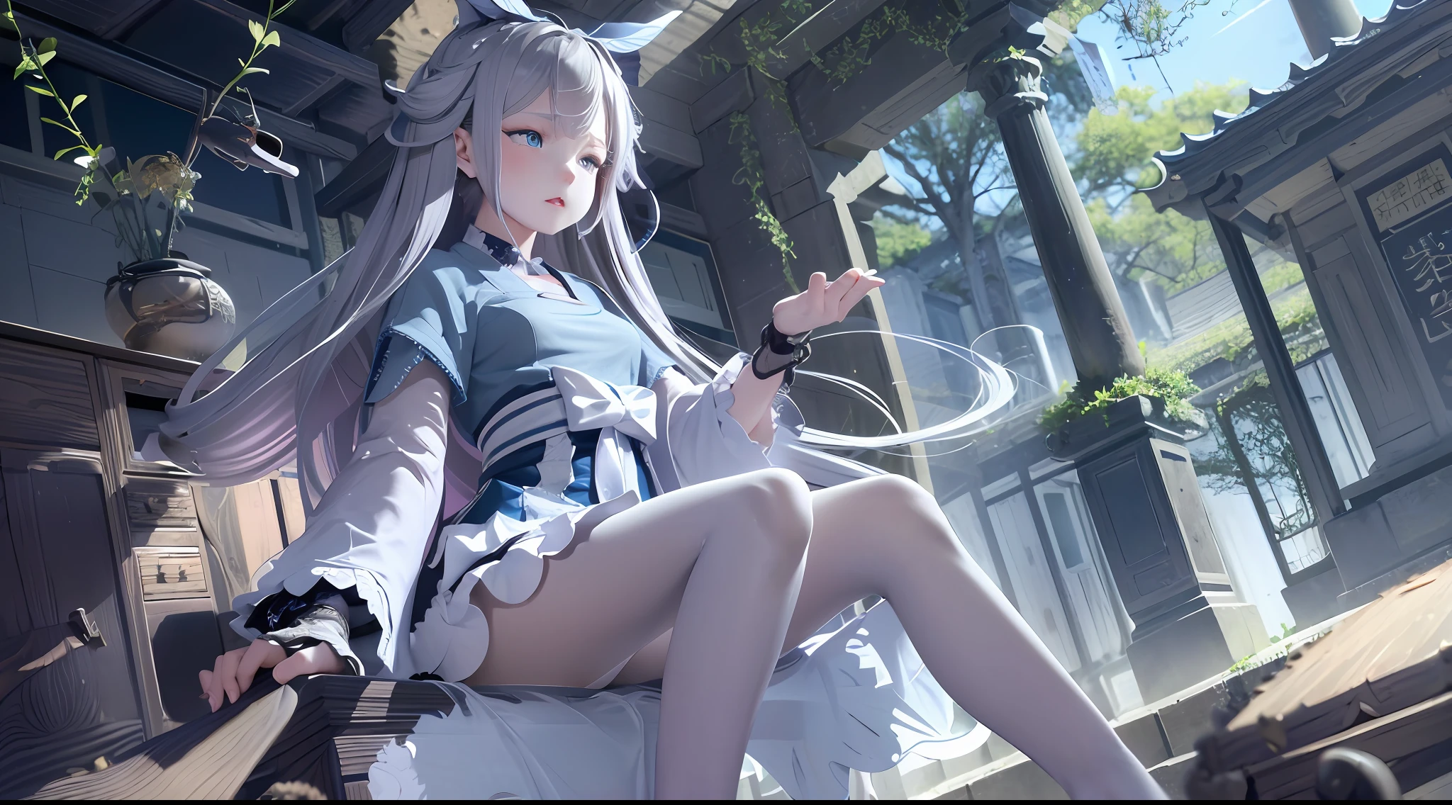 (Overlooking the perspective),dynamic angle,Super meticulous,illustratio,closeup cleavage,Looking directly at,Kizi,(fanciful:1.4),(Blue eyes:1.233),Her eyes shone like dreamy stars,(glowing light eyes:1.233) ,(美丽细致的眼睛:1.1),(silber hair:1.14),(messy  hair,Very long hair,french braid,Hair between both eyes,Lateral hair),(+(Gray hair flower:1.14)),(Chiffon dress,Uniform white flower pattern)/=(army suit:1.24),(Wide sleeves),(Fingerless gloves),choker necklace,(miko thighhighs),high heels boots,(Frightened expressions),(standing on your feet), (big trees，In the forest，Shadows interlace, All kinds of beasts, ),(flor branca,full bloom),(flowingwater),(Dark Blue World Tree:1.14),(废墟),(natta:1.2 ),Dreamy,soul,(Fluorescence),(Flying translucent blue butterfly:1.15),[[Delicate fingers and hands:0.55]::0.85],(Finger details),(yubao:0.5),3D，full bodyesbian，the detail，Background bokeh，high qulity，high detal，deep v big breasts，huge-breasted，flat lay，Expose cleavage，Large trees interlace，full bodyesbian，Hanfu，solo person