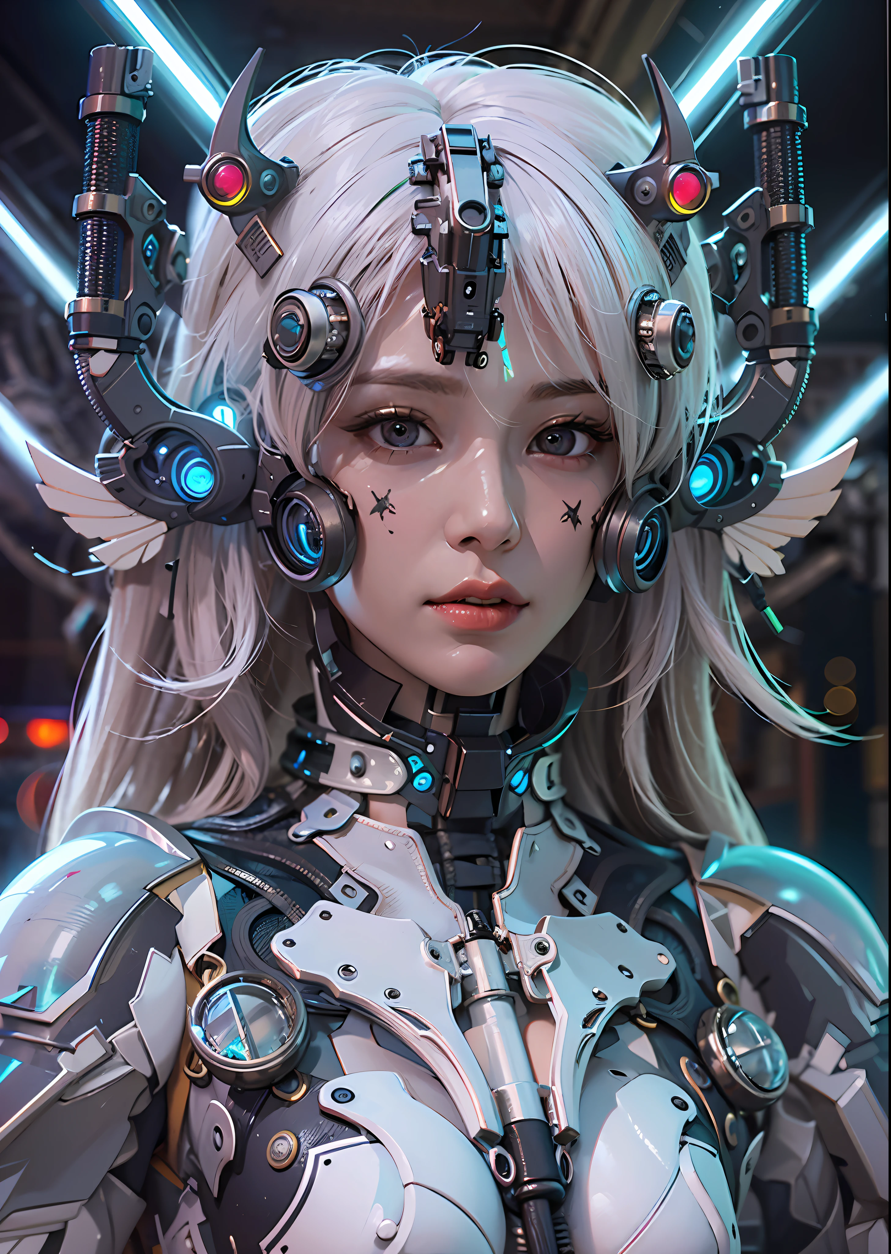top-quality、masterpiece、超A high resolution、(Photorealsitic:1.4)、Raw photo、Steampunk Cyborg Angel、large wings made of metal、White porcelain body、white hair、glowy skin、1 Cyborg Girl、((super realistic details))、portlate、globalillumination、Shadow、octan render、8K、ultrasharp、character edge light,Colossal tits、Raw skin is exposed in cleavage、Details of complex ornaments、Acrylic Clear Cover、Sumerian details、Hydraulic cylinder、Small LED lamp、highly intricate detail、Realistic light、a purple eye、radiant eyes、Facing the camera、neon details、cowboy shot、Futuristic headgear、About Cyberpunk、、