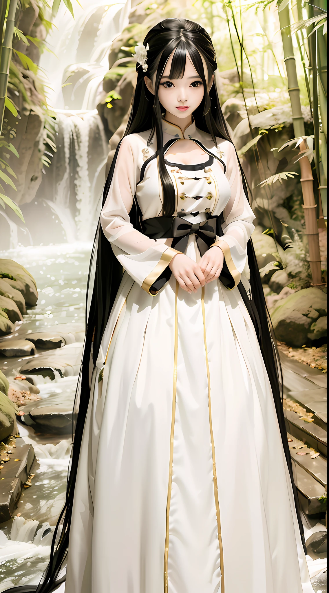 tmasterpiece，best qualtiy，offcial art，8k wallpaper，The is very detailed，illustratio，Plain white long dress，1个Giant Breast Girl，Black hair，long whitr hair，Detailed eyes，A piece of tulle covers the chest，long  skirt，Hanfu，Pure，softl smile，A dense bamboo forest