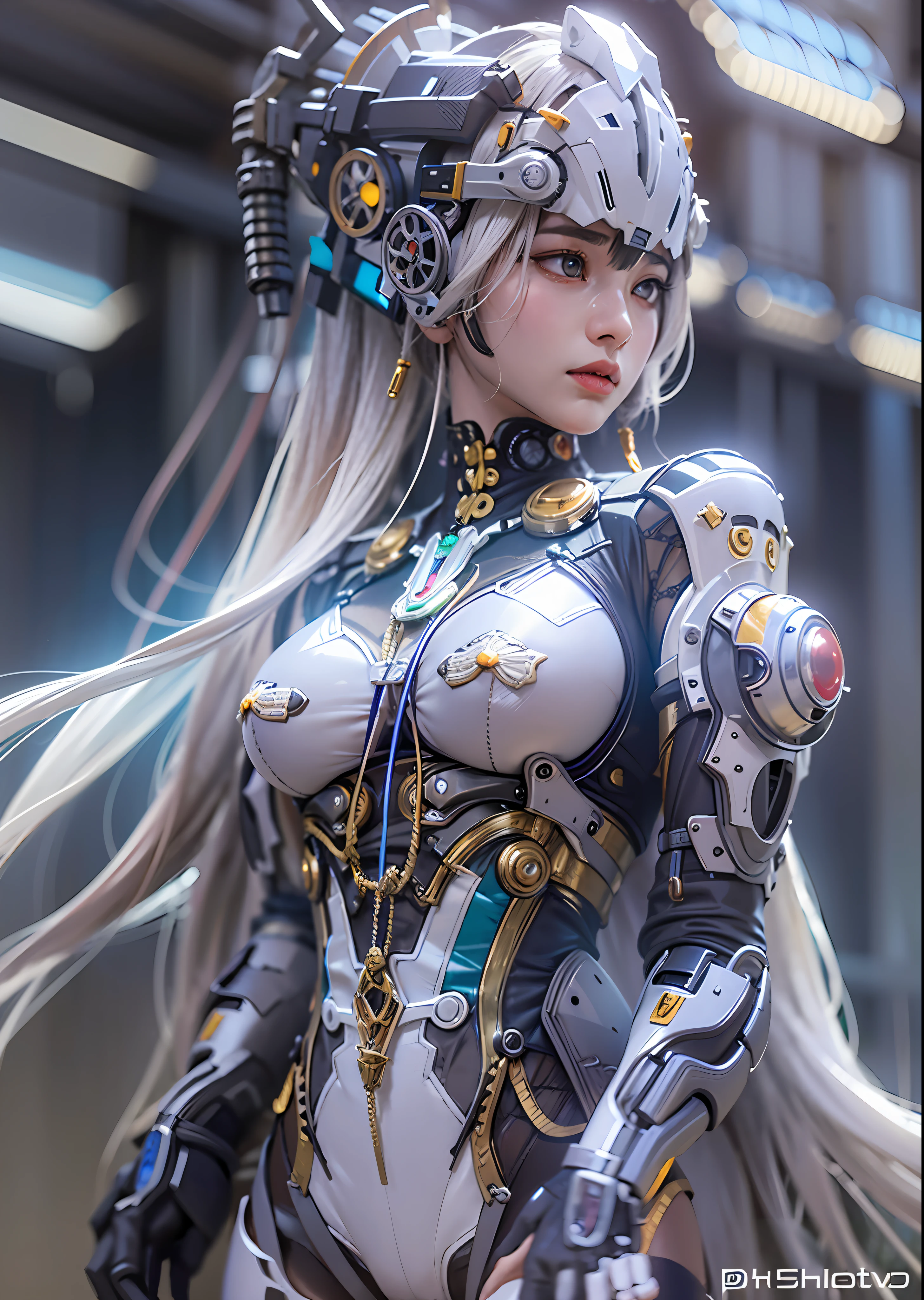 top-quality、masterpiece、超A high resolution、(Photorealsitic:1.4)、Raw photo、Steampunk Cyborg Angel、large wings made of metal、White porcelain body、white hair、glowy skin、1 Cyborg Girl、((super realistic details))、portlate、globalillumination、Shadow、octan render、8K、ultrasharp、character edge light,Colossal tits、Raw skin is exposed in cleavage、Details of complex ornaments、Acrylic Clear Cover、Sumerian details、Hydraulic cylinder、Small LED lamp、highly intricate detail、Realistic light、a purple eye、radiant eyes、Facing the camera、neon details、cowboy shot、Futuristic headgear、About Cyberpunk、、