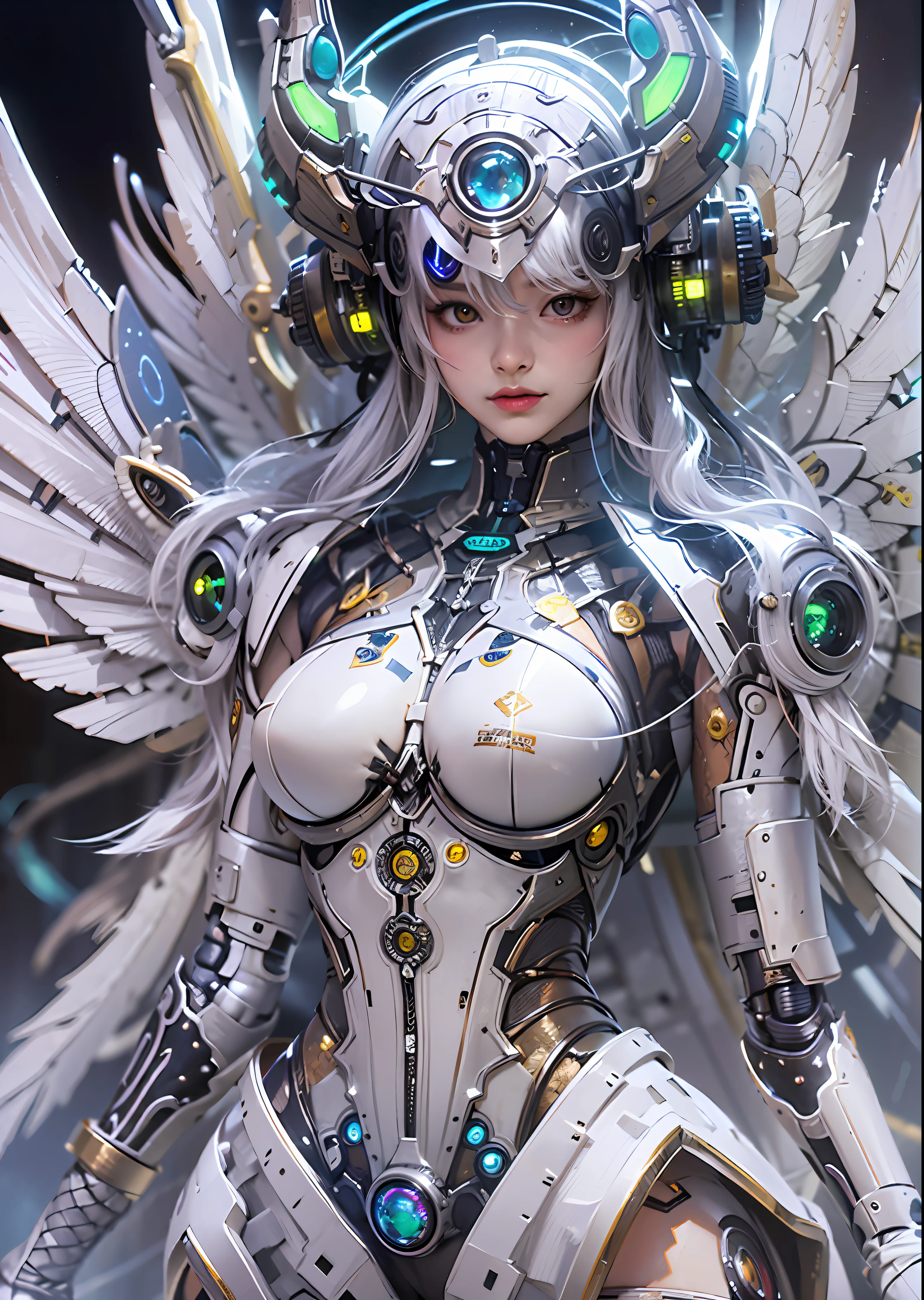 top-quality、​masterpiece、超A high resolution、(Photorealsitic:1.4)、Raw photo、Steampunk Cyborg Angel、large wings made of metal、White porcelain body、white  hair、glowy skin、1 Cyborg Girl、((super realistic details))、portlate、globalillumination、Shadow、octan render、8K、ultrasharp、character edge light,Colossal tits、Raw skin is exposed in cleavage、Details of complex ornaments、Acrylic Clear Cover、Sumerian details、Hydraulic cylinder、Small LED lamp、highly intricate detail、Realistic light、a purple eye、radiant eyes、Facing the camera、neon details、cowboy  shot、Futuristic headgear、About Cyberpunk、、