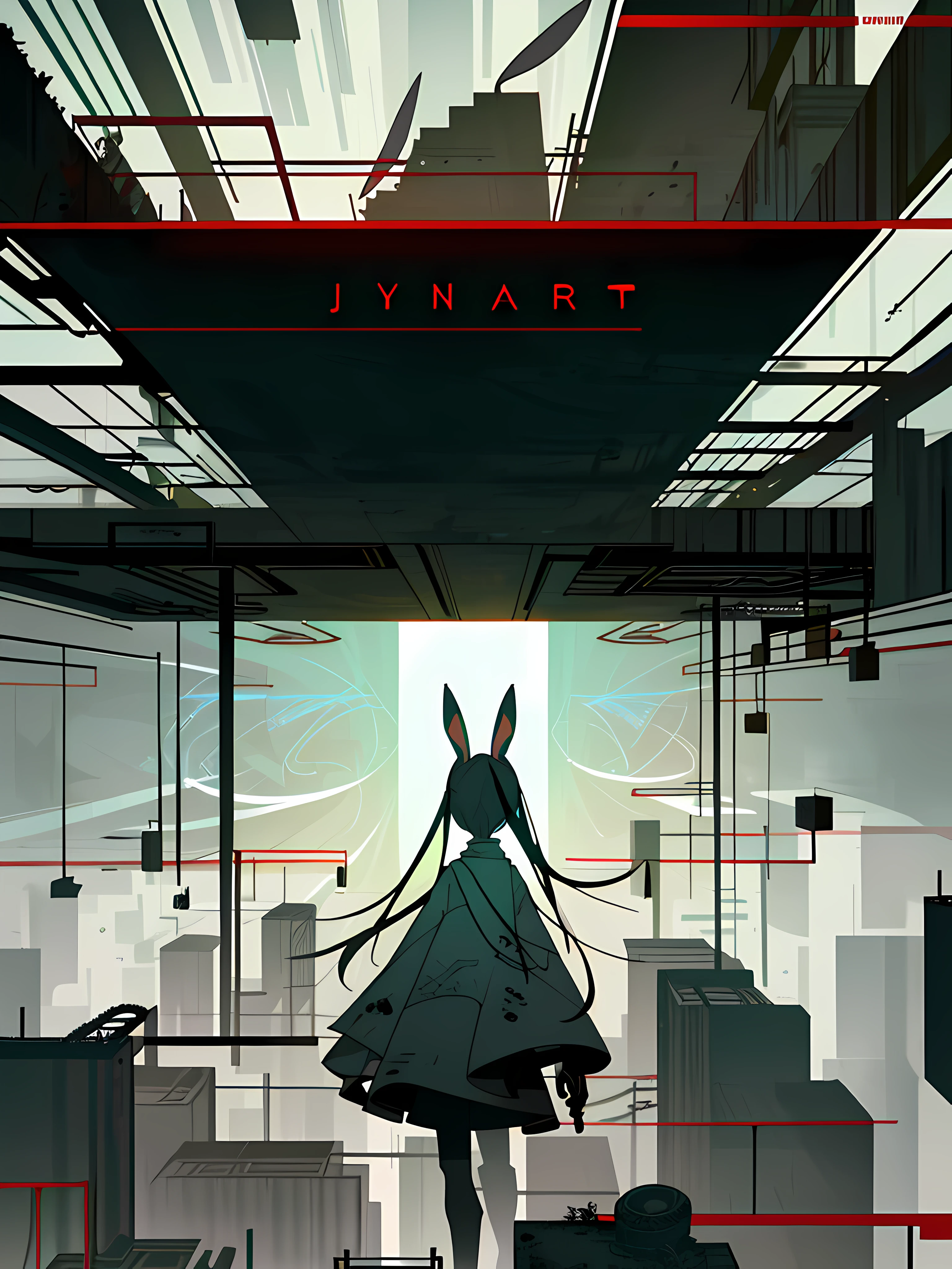 (blame! style abandoned tech landscape), (Zen, Amy Sol style), (underground, dark, foggy, perilous, abandoned dystopian apartment bedroom, deep windows), (abstract anthro rabbit figure wearing bunny ears), cover art with light abstraction, abstract, simple vector art, contemporary Cybernetic art, color gradients, soft color palettes, layered forms, whimsical animation, style Ethereal abstract, 4K, --v6