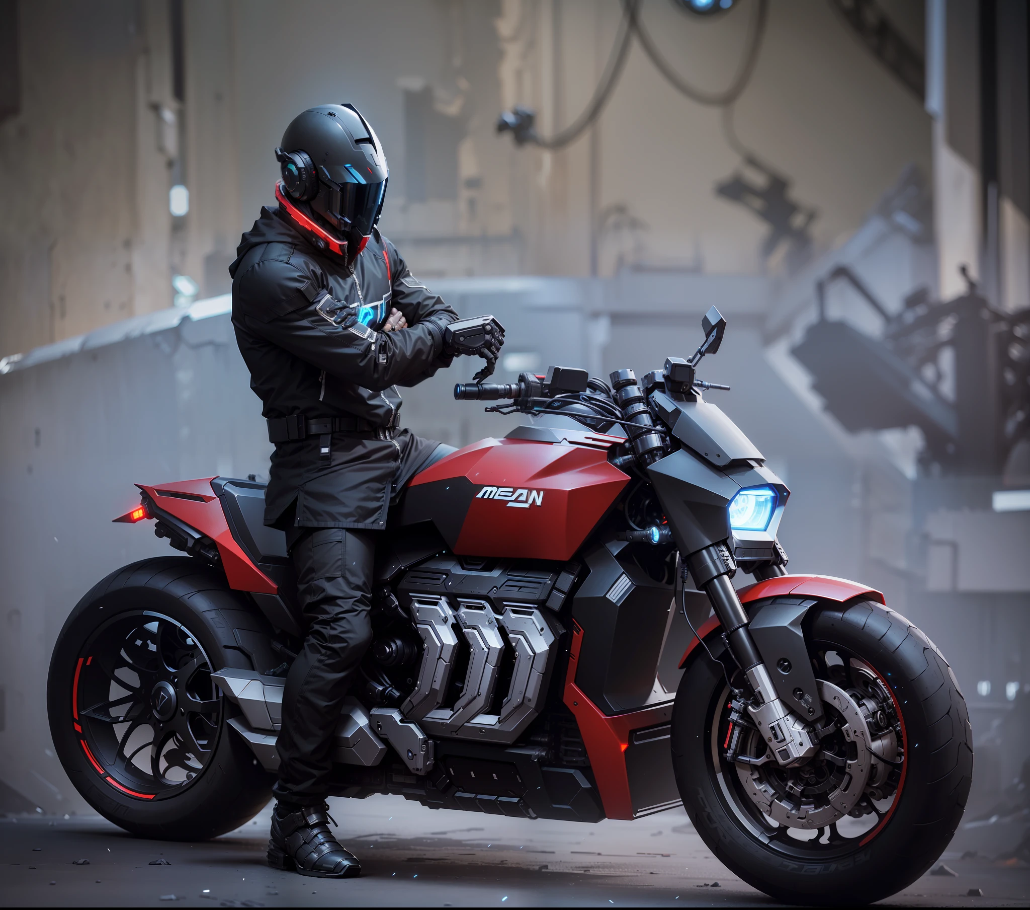 Handsome cyberpunk mech warrior，Black cyberpunk mech costume，High-tech black full enveloping helmet，Biomechanicals， MSHN Robot Man，High-tech helmet，hyper realisitc， Steel， Complex design， insanely details， finely detailled， Extremely clear lines， cinmatic lighting， photograph realistic， A detailed masterpiece