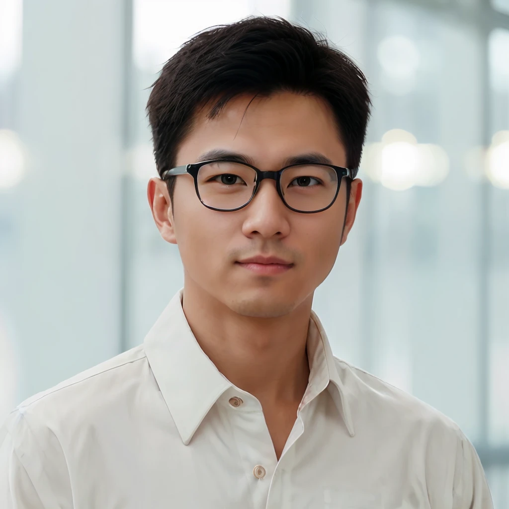 1人, a 30 y.o Muscular males,Wear a long-sleeved white shirt and tie, wears glasses,Upper body, Soft lighting, Masterpiece, Best quality, 8K UHD, Digital SLR, filmgrain,
