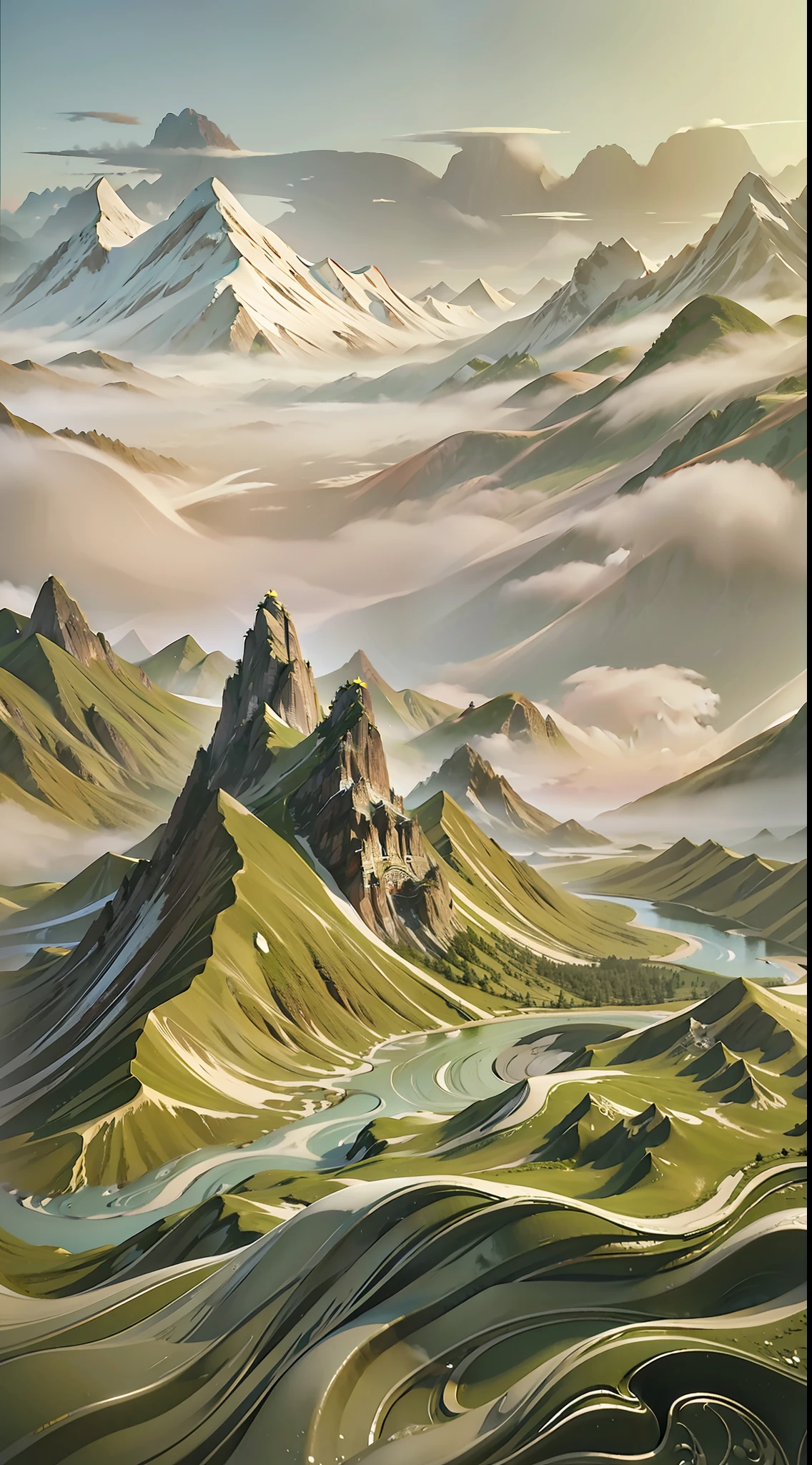 China-style，mountain peaks，Mountains，Auspicious clouds，Heavy fog，green color，the trees，rios，headwaters，lakes，blue-sky，big breasts beautiful，vectorial，National tide，Presumably，rough，contours，Lack of details