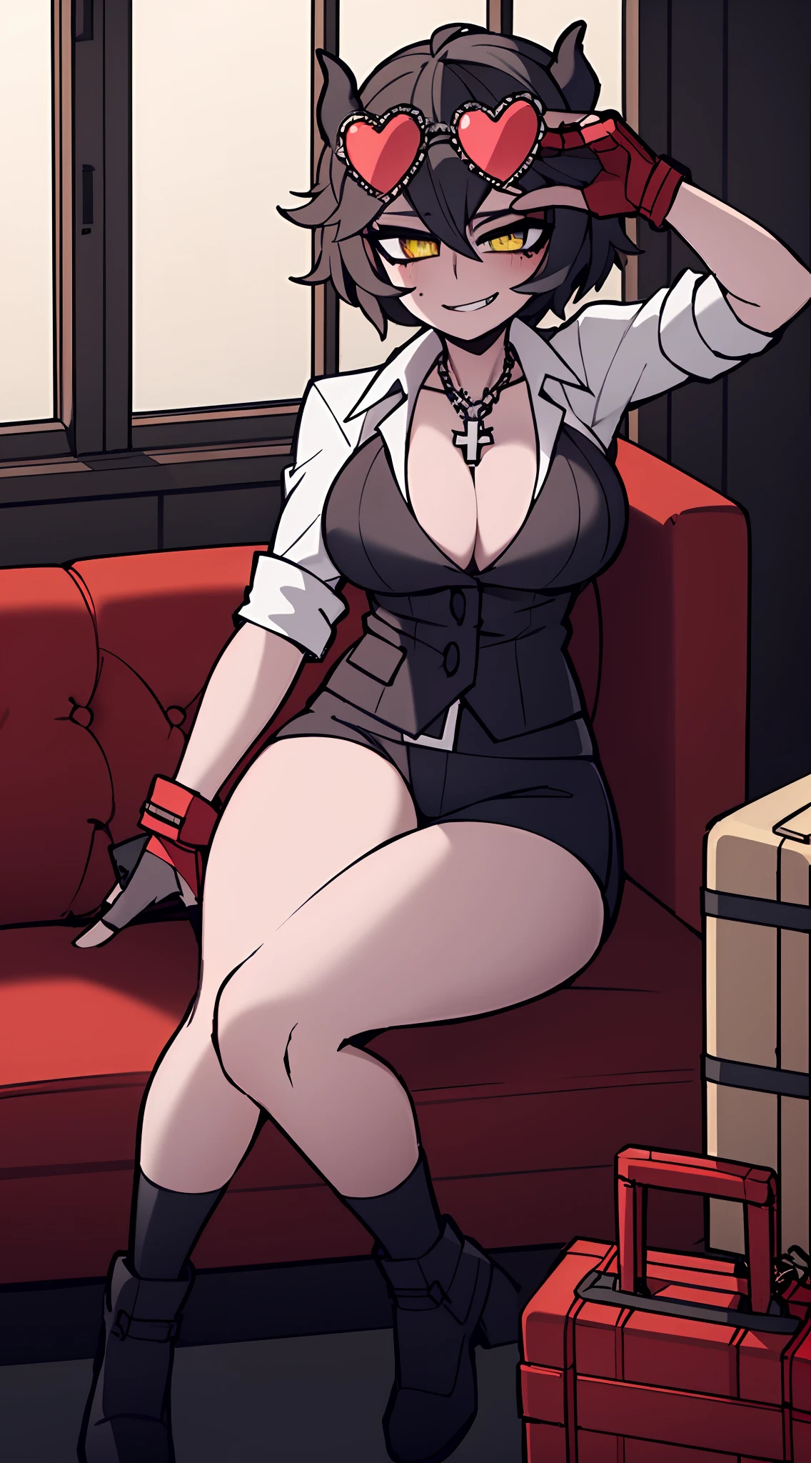 1girl, solo, height difference, white dress shirt, unbuttoned shirt, shirt collar up, short jacket, black fingerless gloves, breasts, wide hips, blush, blushing, thick thighs, night, cross necklace, heart eyes, full body shot, horns on head, demon tail, black white and red outfit, red black and white background colors, white hair, tomboy, short hair, smiling, dress shoes, short shorts, exposed thigh, green eyes, black hair, viewing from front, thick thighs, knee socks, exposed stomach, thighs, winking, large breasts, living room, black leather couch, dynamic angle, sharp focus, sitting, mascara, sunglasses on head, horizontal seat, symbol shaped pupil, heterochromia, glowing eyes, two tone top, hand on head, windows, sunrays, mole under eye, 1 red eye, luggage in background, Victorian style architecture, window on side of seat, gothic, 8k resolution,