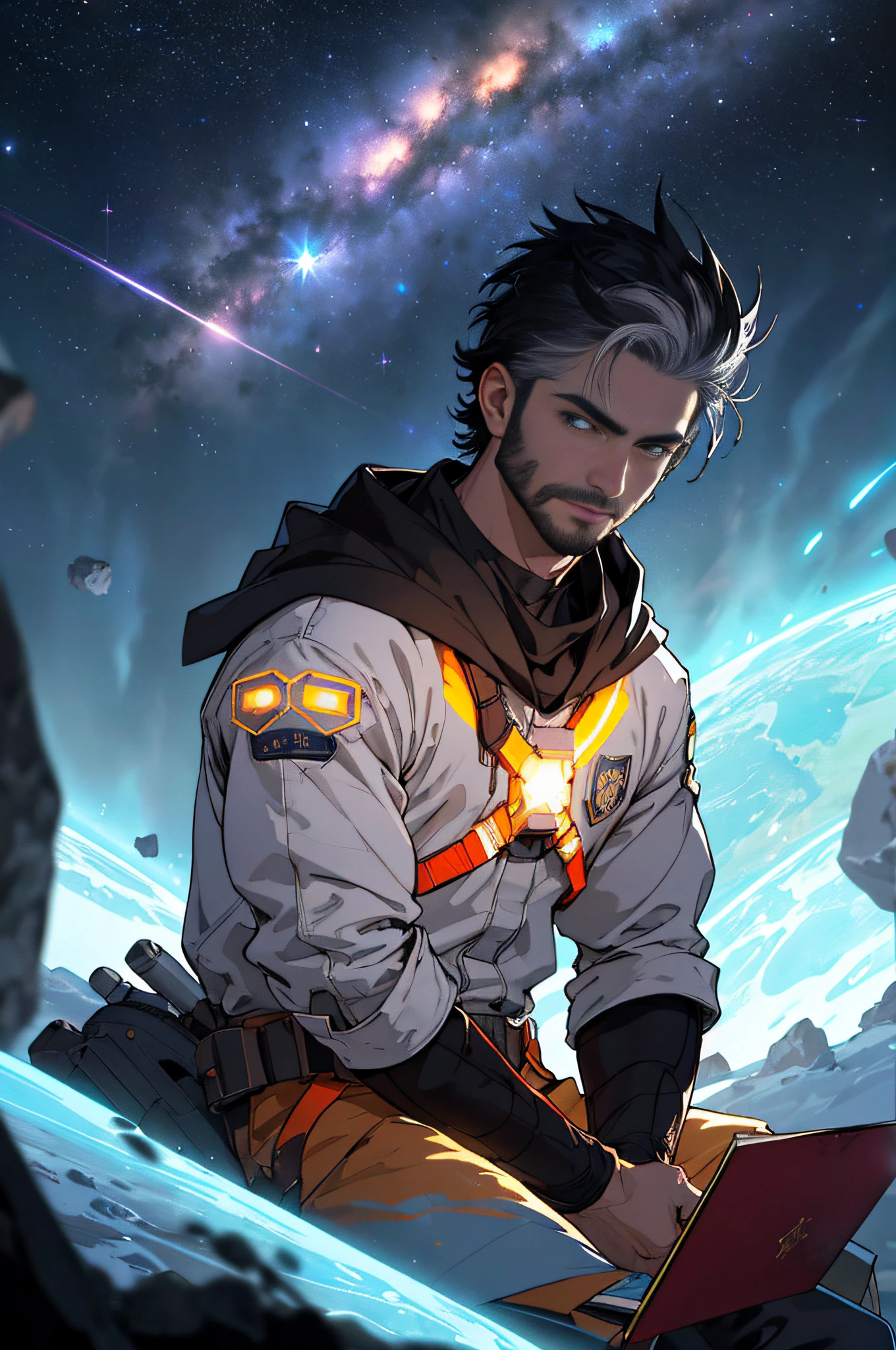 White Hair Draw a young time traveler sitting on a floating platform in the middle of an asteroid belt. He's studying with an arcane book, surrounded by several asteroids glowing with auras of fire. The dramatic illumination of distant stars and planets illuminates the scene, casting deep shadows on the costume. O jovem parece confiante e determinado, looking at the vast and mysterious universe with wonder and respect, barba, Tiroteio de Cowboy, cabelo grisalho, barba grisalha, tem um gato branco do seu lado, gato tecnologico, livro de magia com os 4 elementos