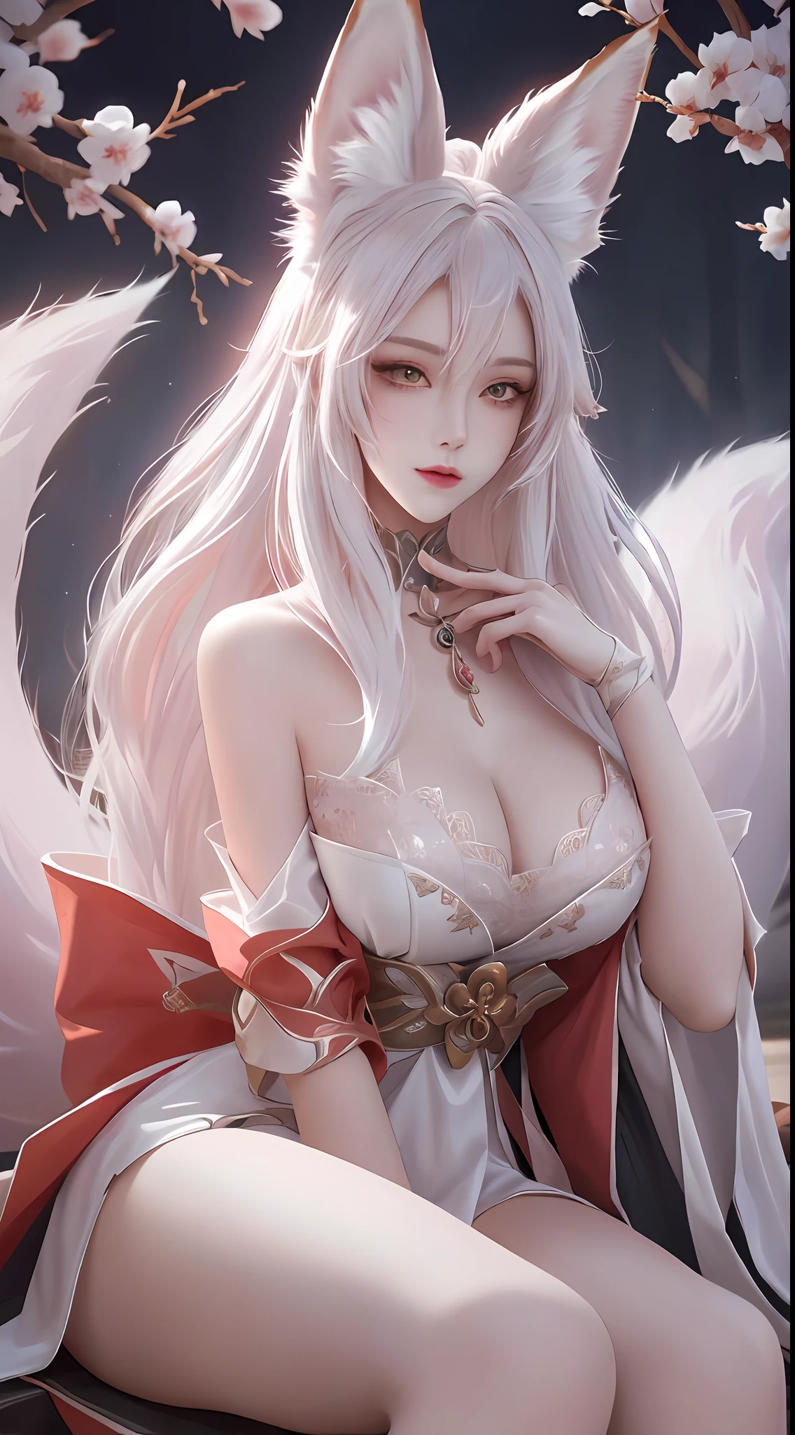 (Girl with white hair with fox ears)，tmasterpiece，beautifuldetails，Extremely colorful，Exquisite details，Delicate lips，The details are complex，Realiy，Ultra photo realsisim，A girl and a white-haired fox sit on a branch：1.1，Fox ears white hair girl，(Large breasts，Raised sexy，seductiv)，ethereal fox，nine tail fox，The fox has nine tailed foxes，(Combat posture，combat scene)，Onmyoji detailed art，Nine tails，A beautiful artwork illustration，mythological creatures，red fox，Beautiful digital artwork，Exquisite digital illustration，mizutsune , Inspired by the mythical creature wildnet，Digital art on Pixiv，strong lights，hight contrast，Horror movie theme，Dark atmosphere，Fighting posture