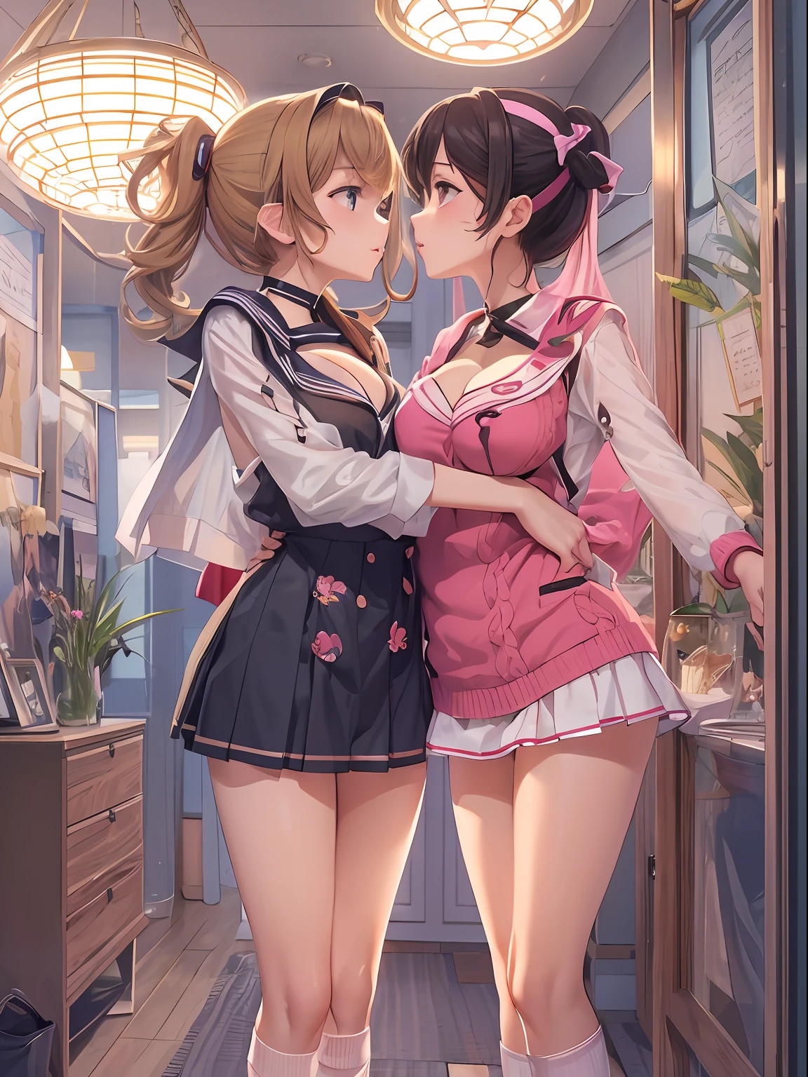 ​master piece,hyper quality, Hyper Detailed,Perfect drawing,nffsw,3D,8K,Two anime beautiful girls kissing while pressing their breasts against each other
Two beautiful girls from anime staring at each other from the front, Pressing each other's breasts、embrace each other
Japanimation　Moe Anime Beautiful Girl　Kogal　Brown skin　Loose socks(Buggy socks:1.5)　gal make　a sailor suit　a miniskirt(0.8)　Luxury underwear、I can see my panties、Bedrooms、indirect lighting、Night view outside the window、beatiful backgrounds、Detailed drawing、Accurate drawing、clearface,Perfect illustration、