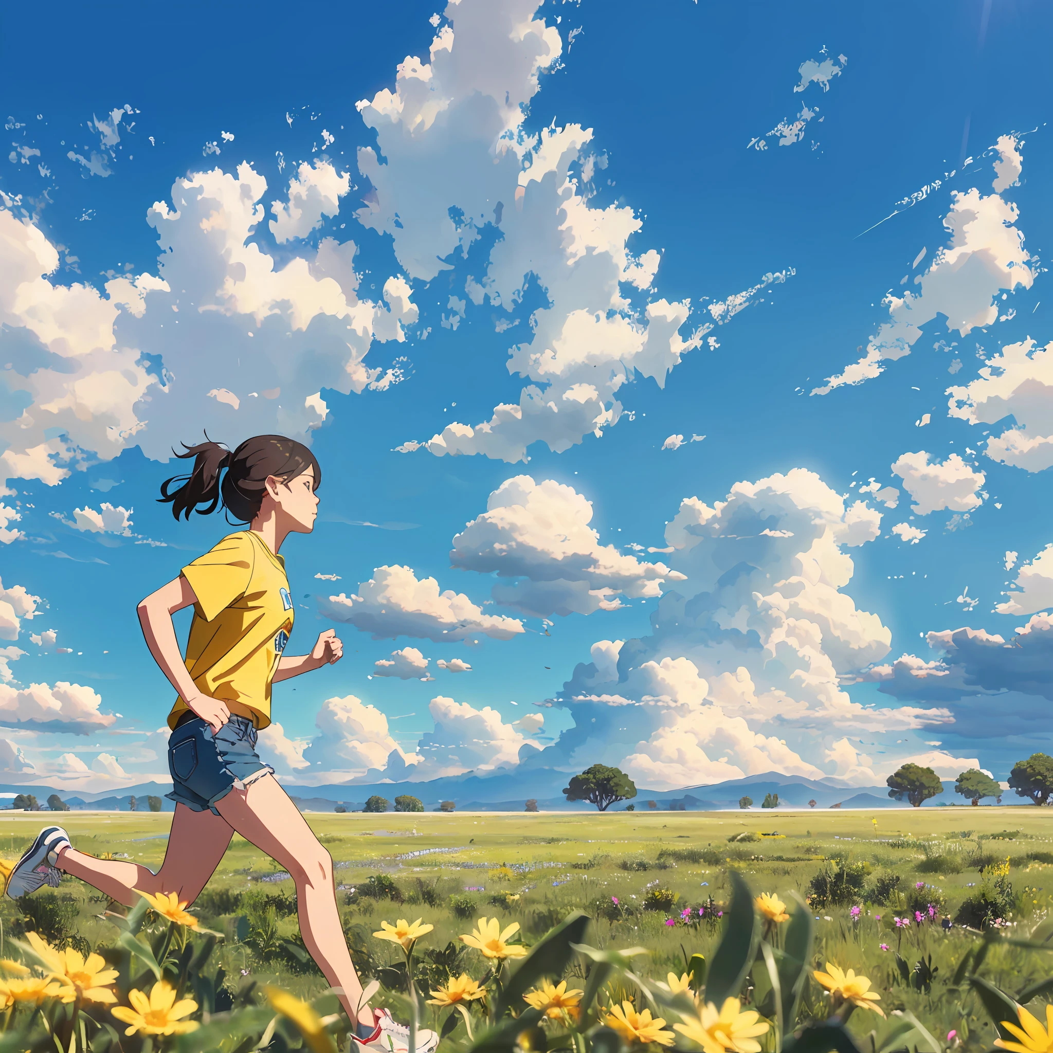 (best qualtiy,8k,32k,tmasterpiece,UHD:1.2,Ray traching:1.2,of a real:1.2),1girl,(Lateral face:1.5),Short yellow sleeves,denim short,athletic sneakers,The background is the savannah,(large grassland,shot from a far distance,Run in the steppe:1.5),blue-sky,baiyun,grassy fields,small flower, Sunny and handsome,Chinese Big Boy