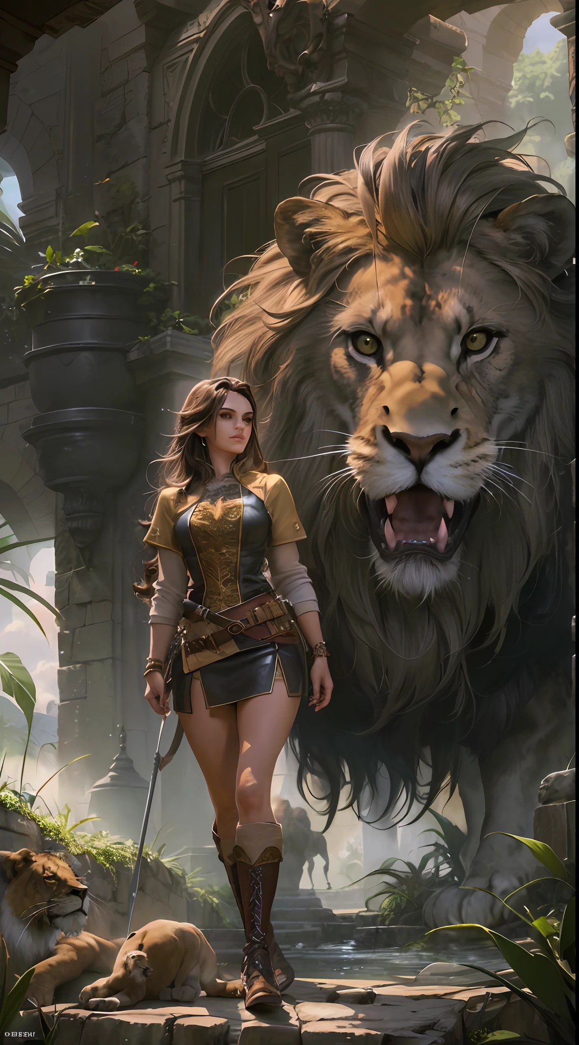 high details, best quality, 8k, [ultra detailed], masterpiece, best quality, (extremely detailed), dynamic angle, ultra wide shot, RAW, photorealistic, fantasy art, dnd art, rpg art, realistic art, a wide angle picture of a female human ranger and her pet lion, warrior of nature, fighter of nature, full body, [[anatomically correct]]. dynamic position (1.5 intricate details, Masterpiece, best quality) talking to a lion (1.6 intricate details, Masterpiece, best quality) in graaslands (1.5 intricate details, Masterpiece, best quality), a female  wearing leather clothes (1.4 intricate details, Masterpiece, best quality), leather boots, thick hair, long hair, dynamic hair, tan skin intense eyes, grasslands background (intense details), a stream flowing in the backgraound (1.4 intricate details, Masterpiece, best quality), dawn light, clouds (1.4 intricate details, Masterpiece, best quality), dynamic angle, (1.4 intricate details, Masterpiece, best quality) 3D rendering, high details, best quality, highres, ultra wide angle