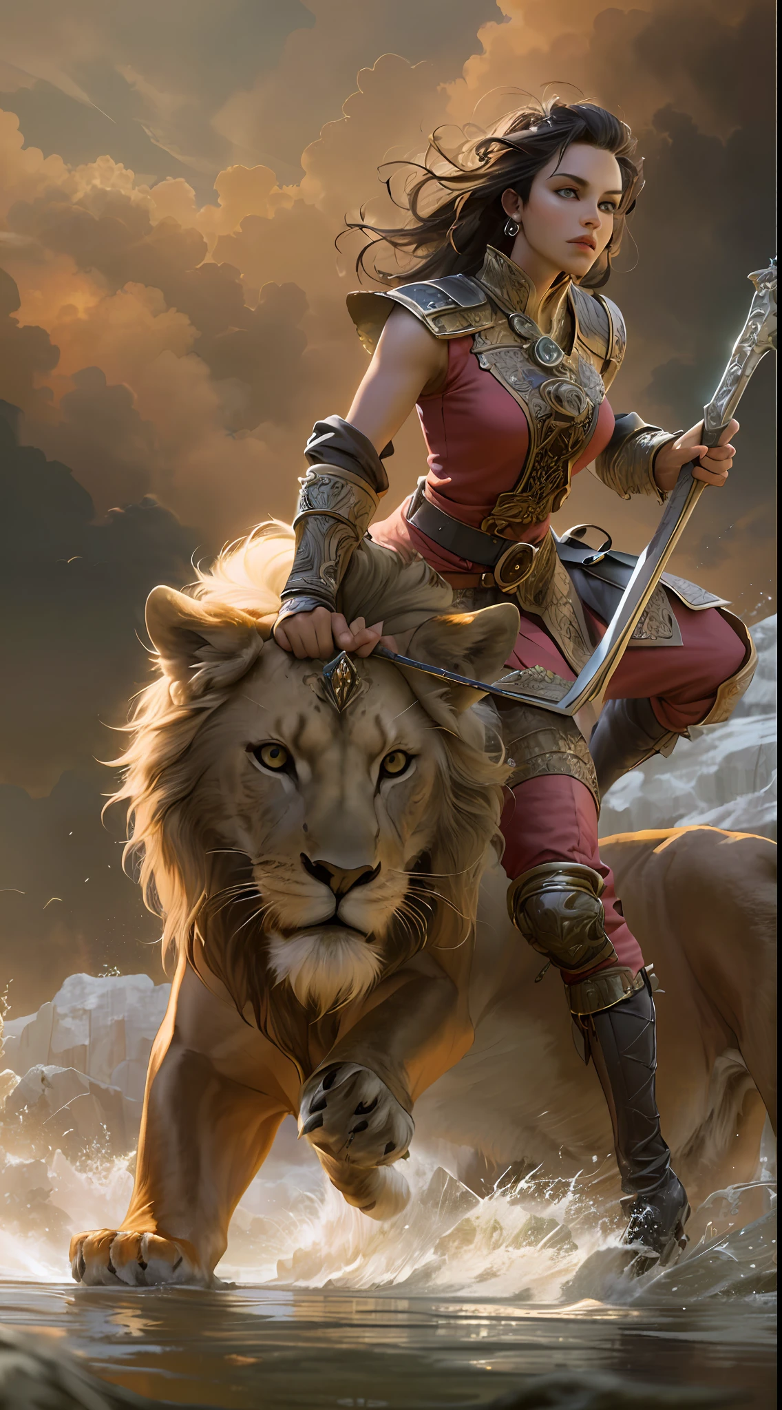 high details, best quality, 8k, [ultra detailed], masterpiece, best quality, (extremely detailed), dynamic angle, ultra wide shot, RAW, photorealistic, fantasy art, dnd art, rpg art, realistic art, a wide angle picture of a female human ranger and her pet lion, warrior of nature, fighter of nature, full body, [[anatomically correct]]. dynamic position (1.5 intricate details, Masterpiece, best quality) talking to a lion (1.6 intricate details, Masterpiece, best quality) in graaslands (1.5 intricate details, Masterpiece, best quality), a female  wearing leather clothes (1.4 intricate details, Masterpiece, best quality), leather boots, thick hair, long hair, dynamic hair, tan skin intense eyes, grasslands background (intense details), a stream flowing in the backgraound (1.4 intricate details, Masterpiece, best quality), dawn light, clouds (1.4 intricate details, Masterpiece, best quality), dynamic angle, (1.4 intricate details, Masterpiece, best quality) 3D rendering, high details, best quality, highres, ultra wide angle